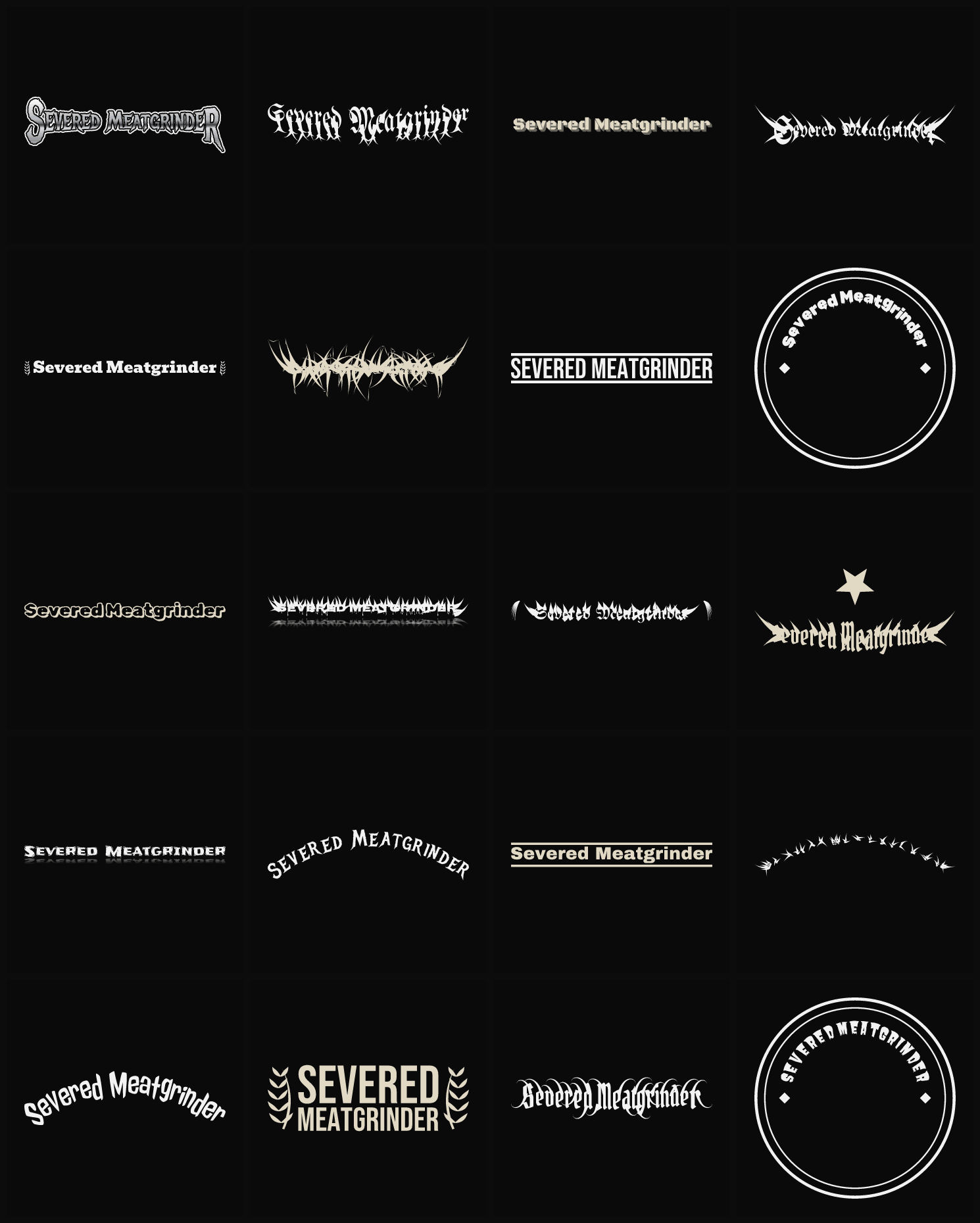 Twenty Severed Meatgrinder band logo ideas — different faces, treatments and spike settings