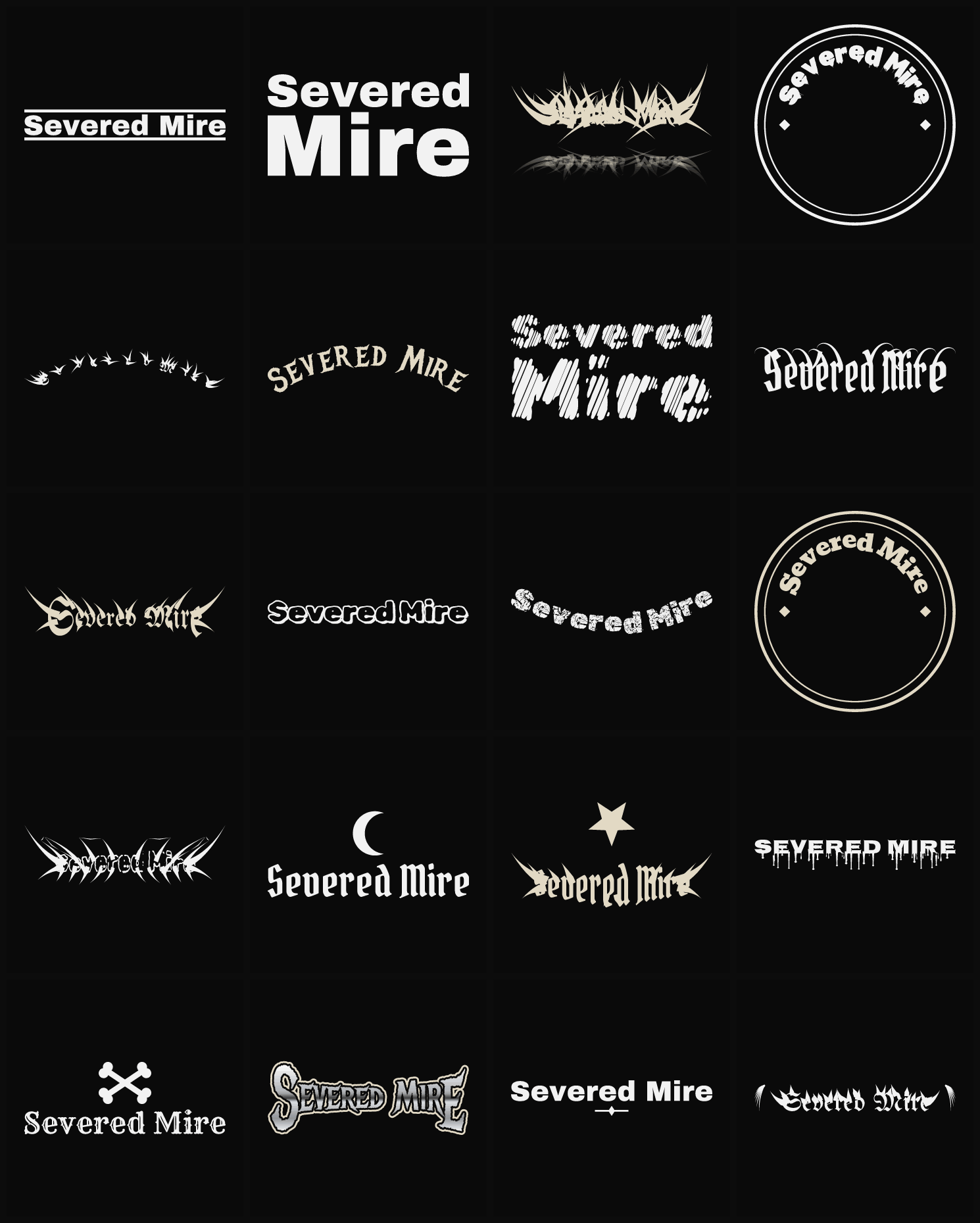 Twenty Severed Mire band logo ideas — different faces, treatments and spike settings