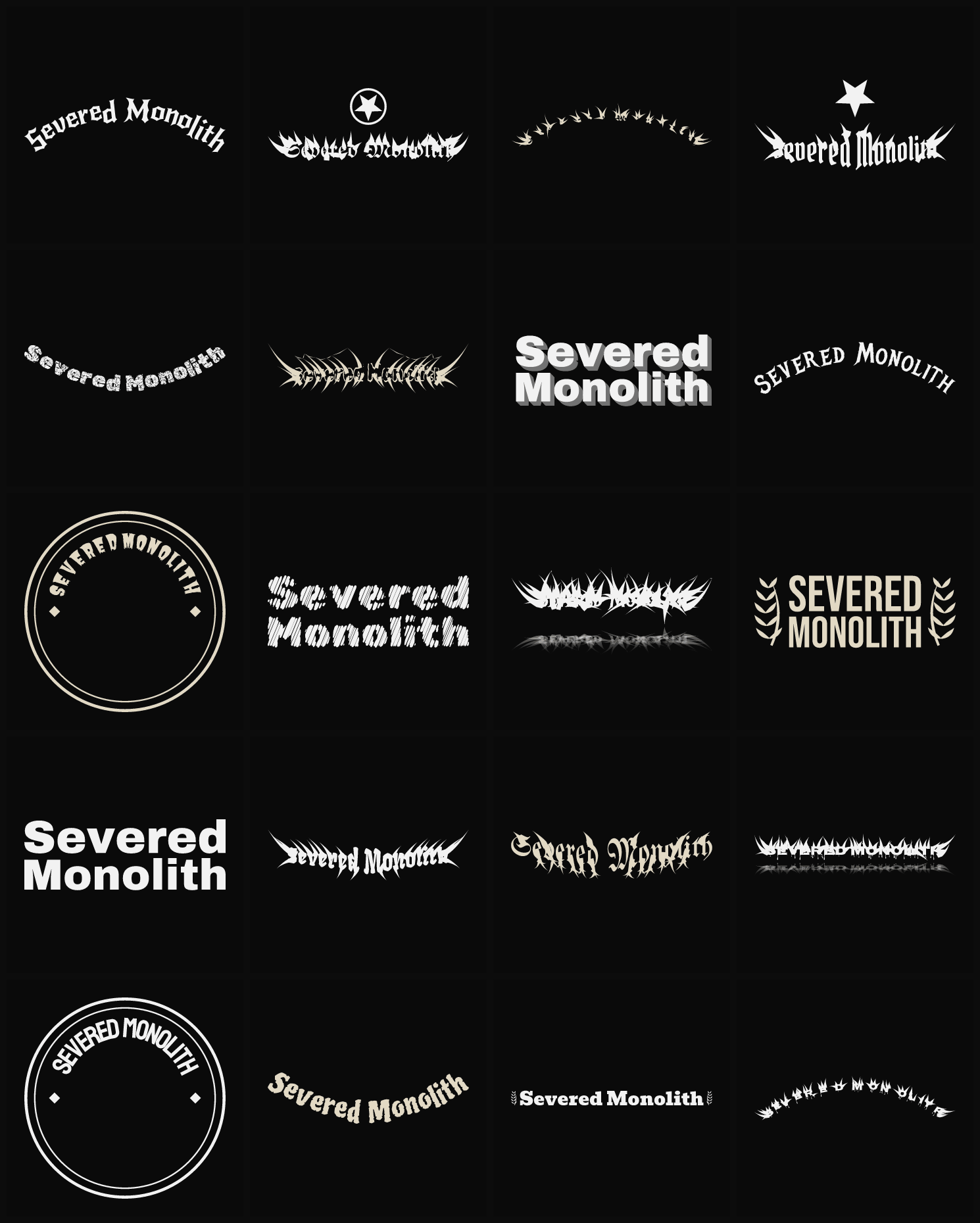 Twenty Severed Monolith band logo ideas — different faces, treatments and spike settings