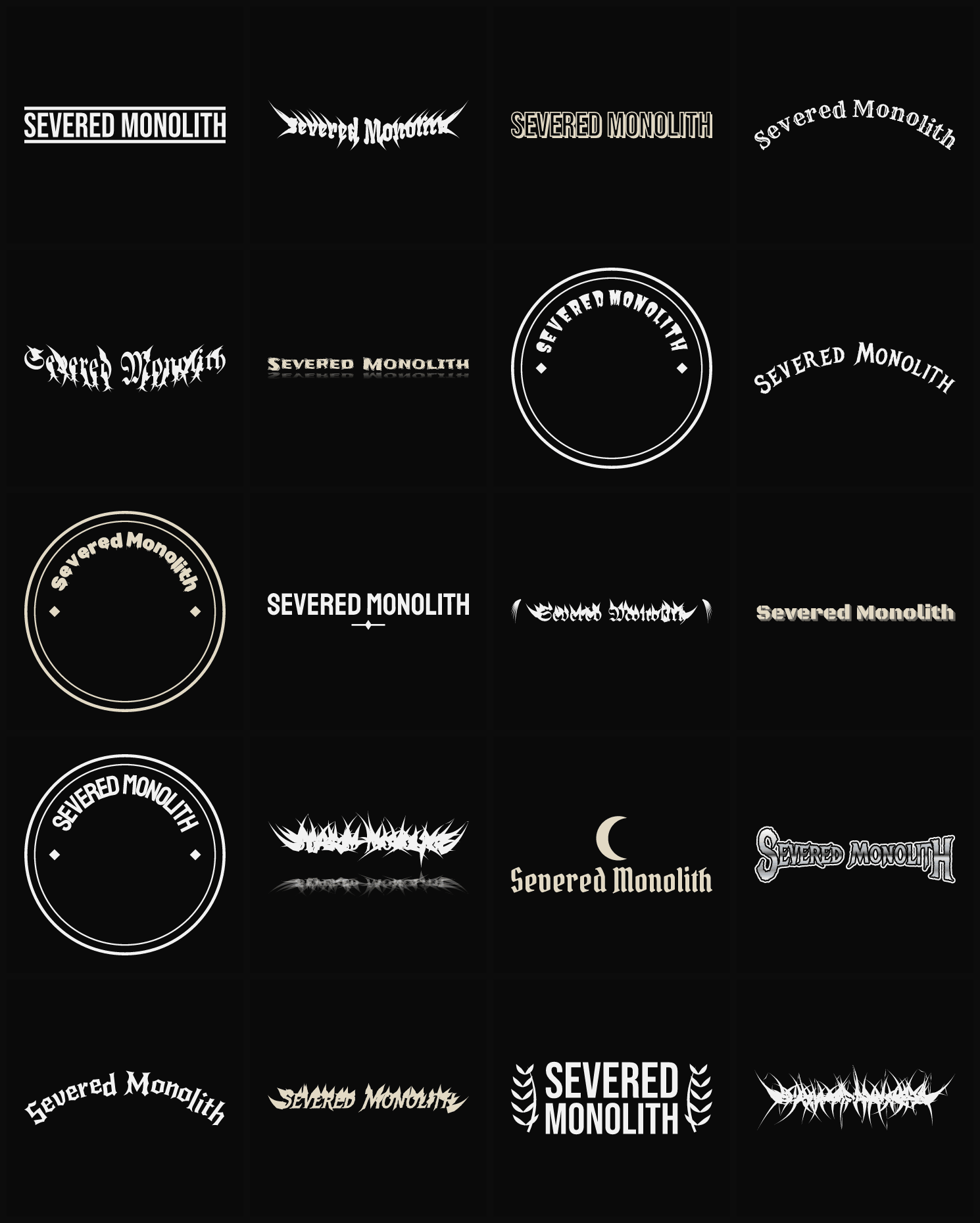 Twenty Severed Monolith band logo ideas — different faces, treatments and spike settings