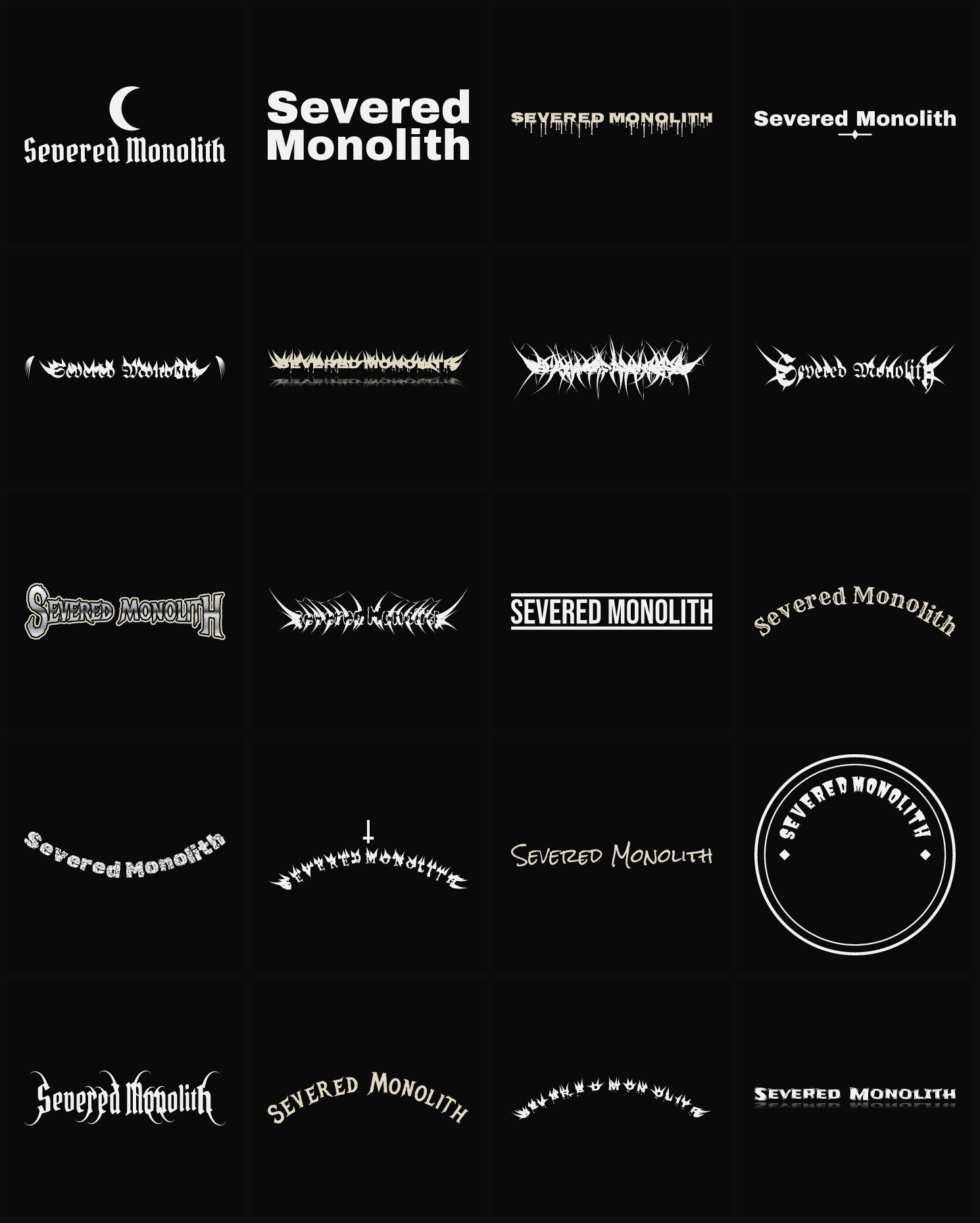 Twenty Severed Monolith band logo ideas — different faces, treatments and spike settings
