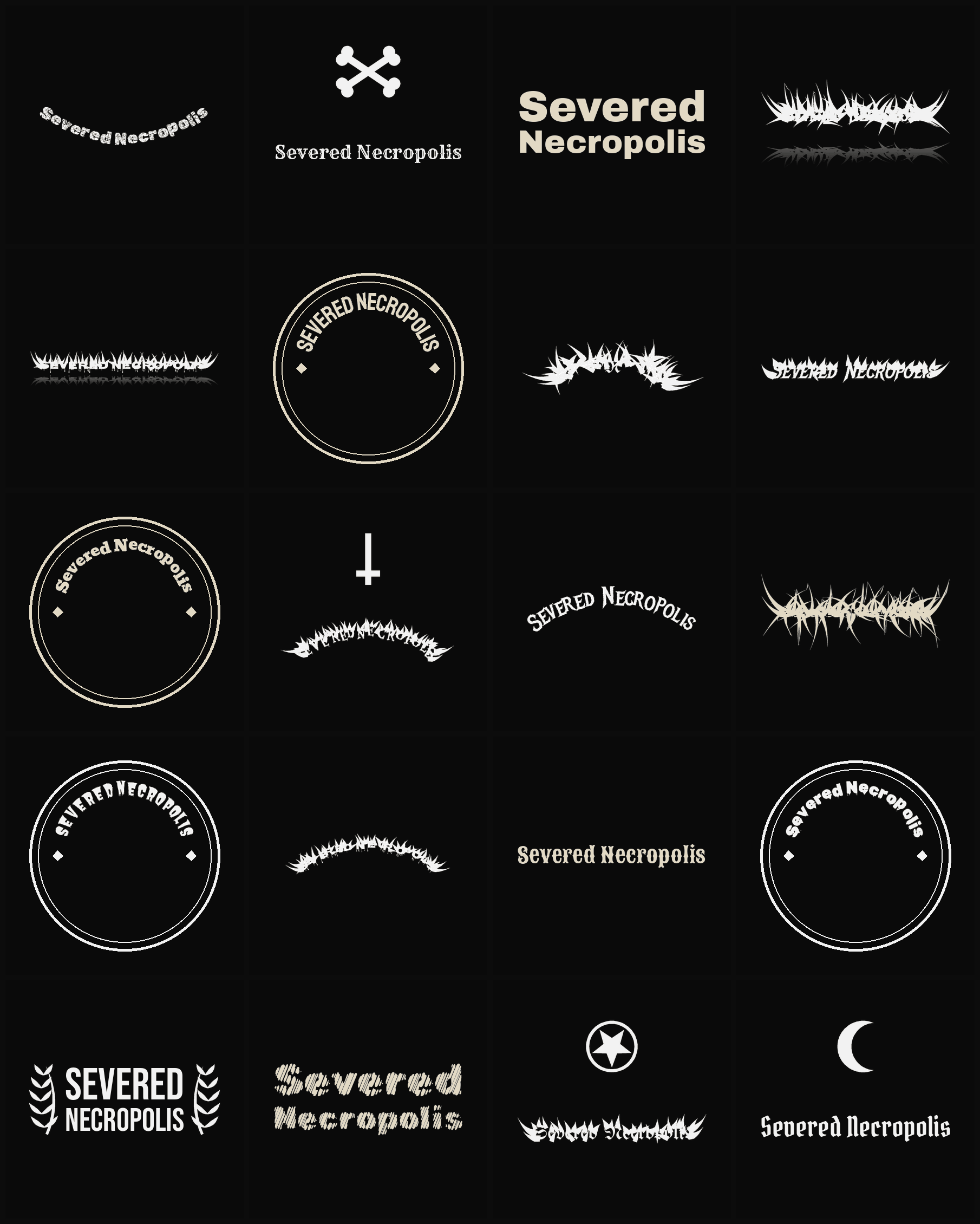 Twenty Severed Necropolis band logo ideas — different faces, treatments and spike settings
