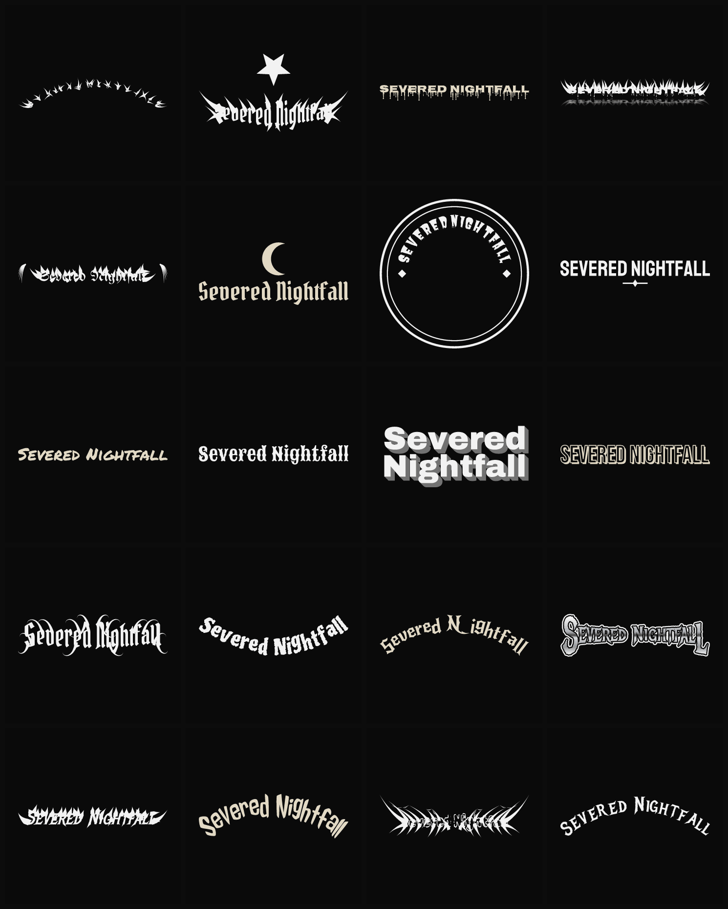 Twenty Severed Nightfall band logo ideas — different faces, treatments and spike settings