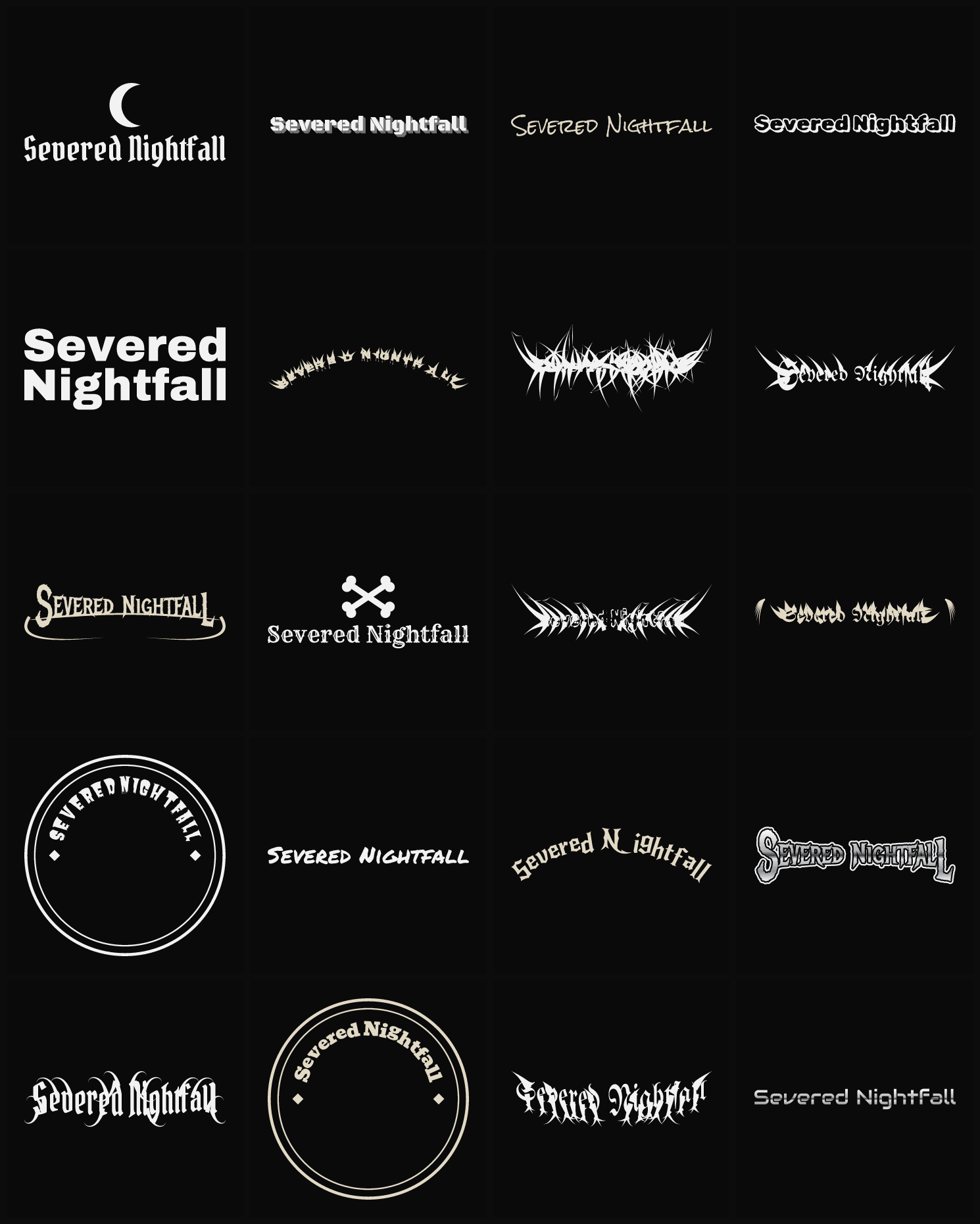 Twenty Severed Nightfall band logo ideas — different faces, treatments and spike settings
