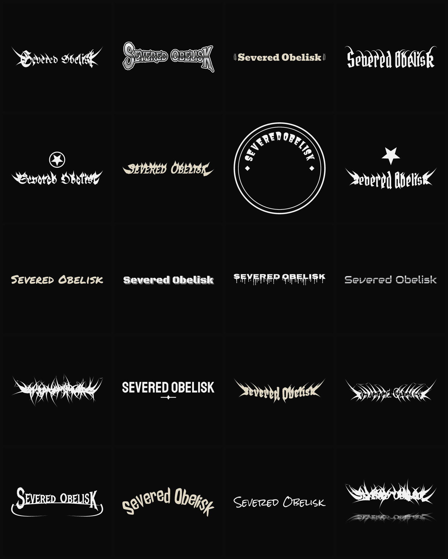 Twenty Severed Obelisk band logo ideas — different faces, treatments and spike settings