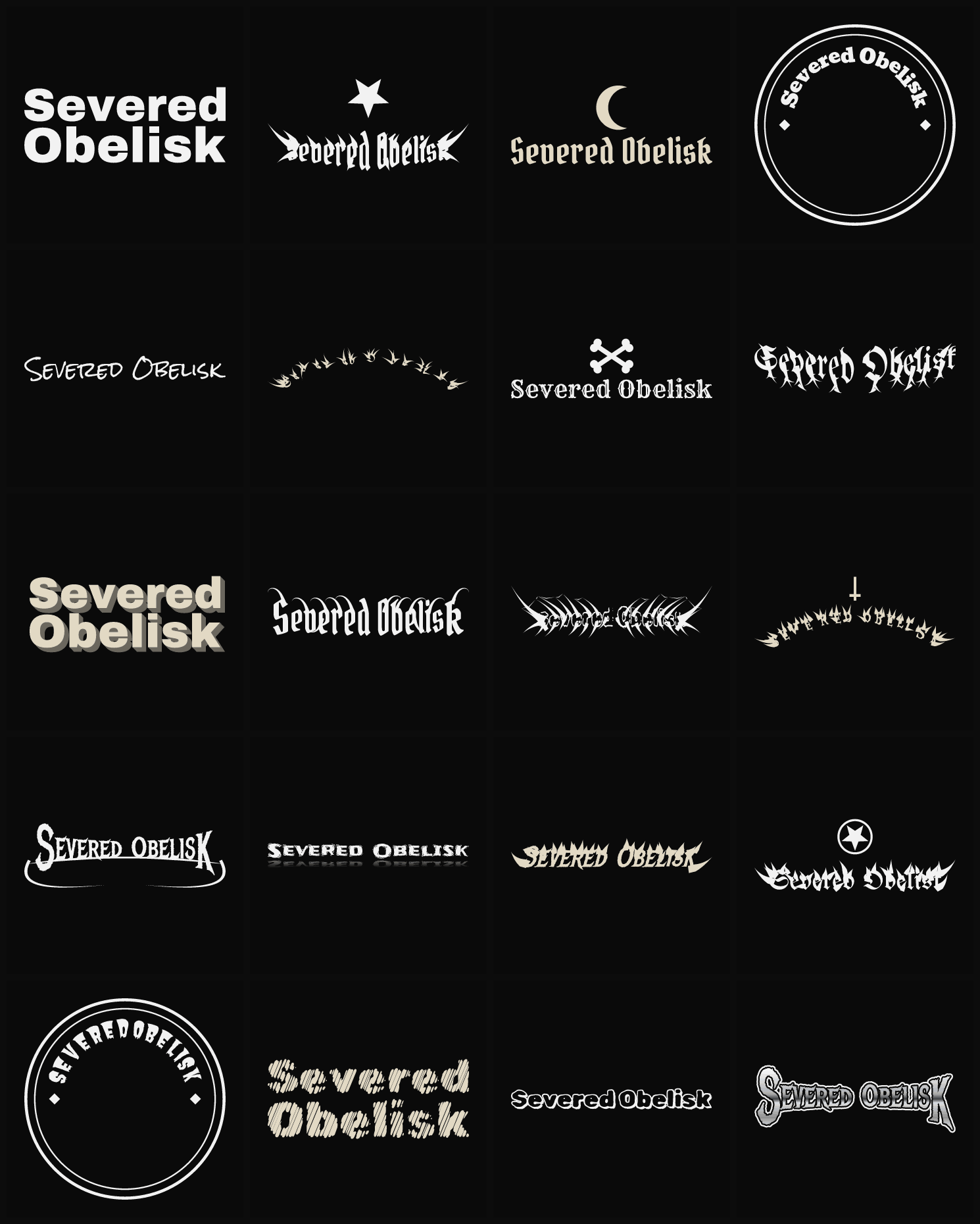 Twenty Severed Obelisk band logo ideas — different faces, treatments and spike settings