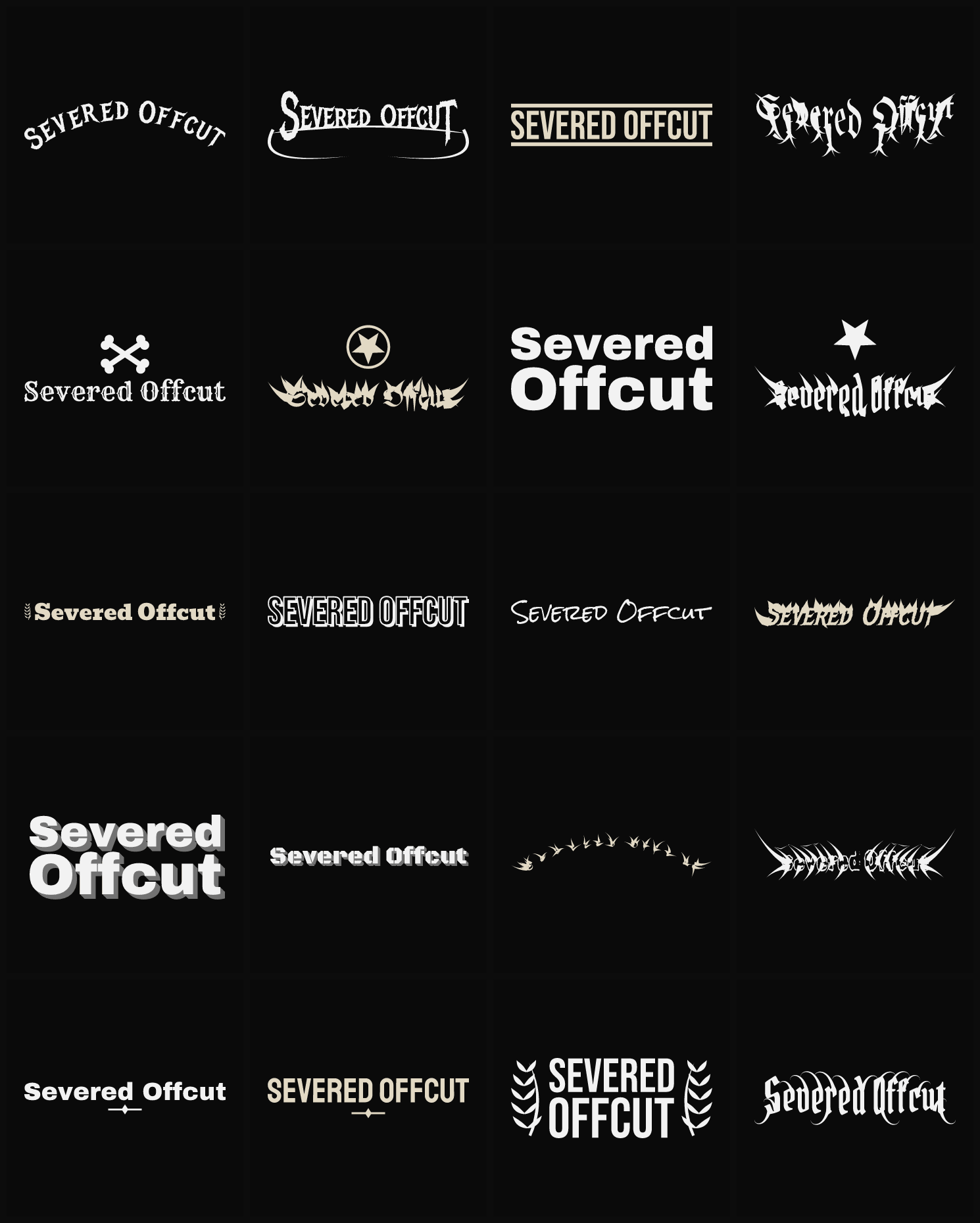 Twenty Severed Offcut band logo ideas — different faces, treatments and spike settings