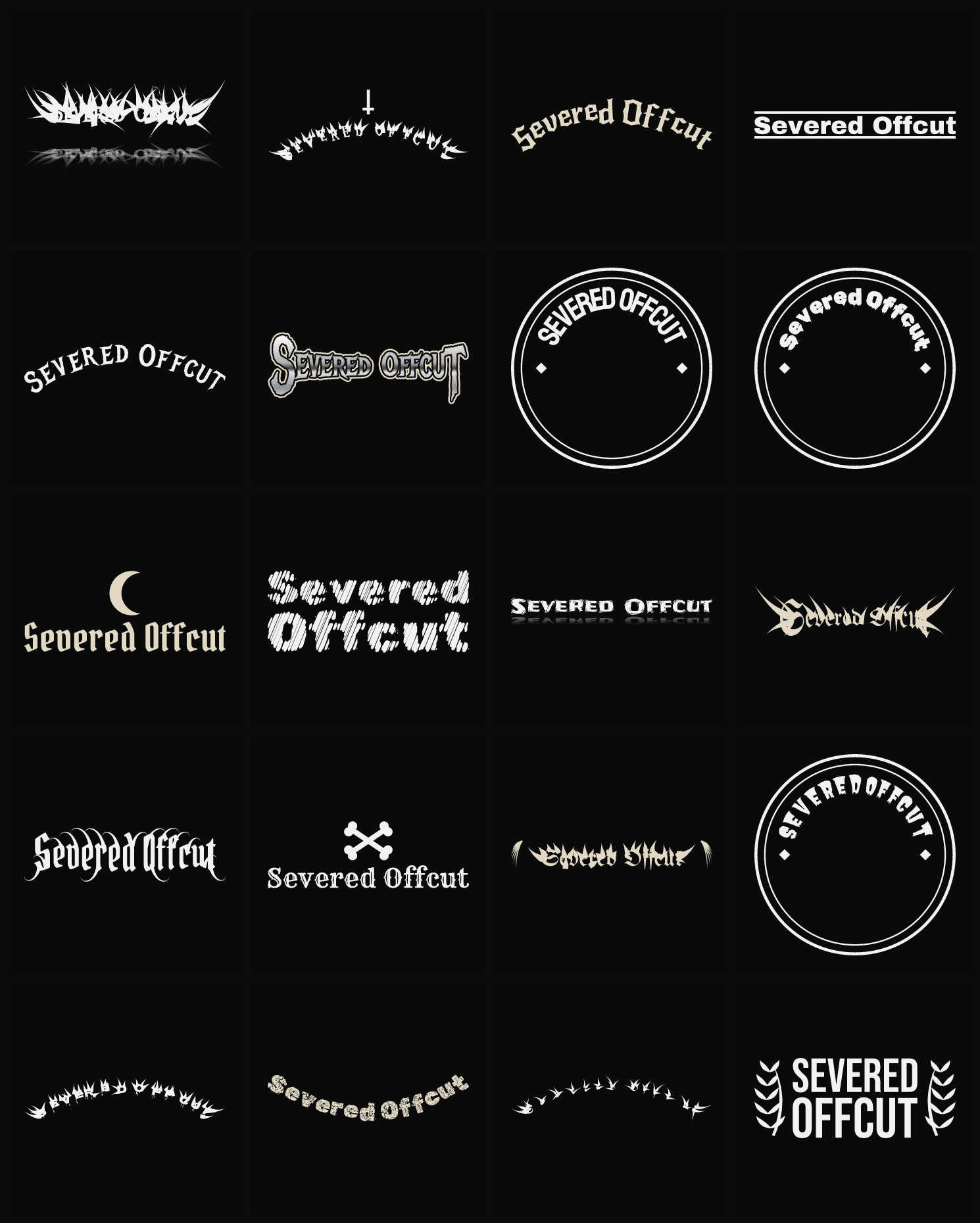 Twenty Severed Offcut band logo ideas — different faces, treatments and spike settings