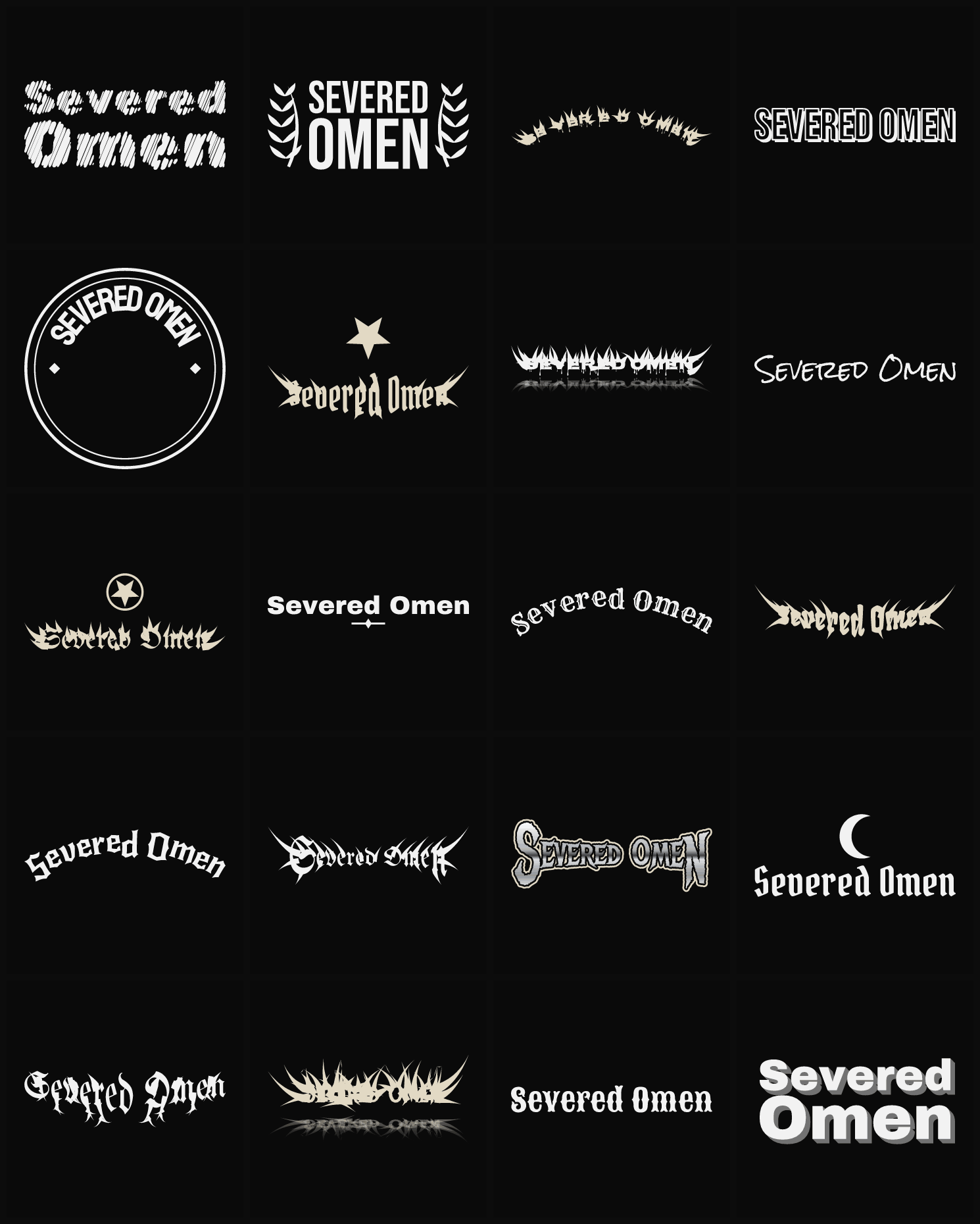 Twenty Severed Omen band logo ideas — different faces, treatments and spike settings