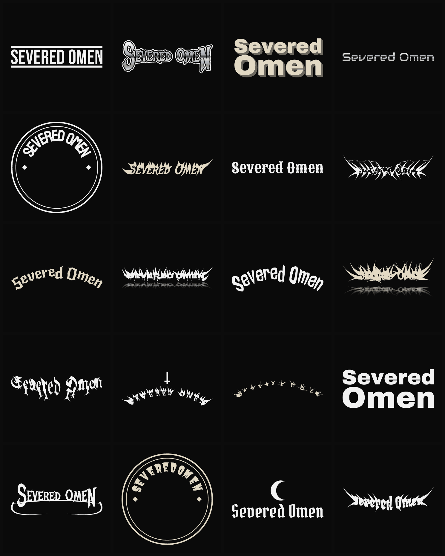 Twenty Severed Omen band logo ideas — different faces, treatments and spike settings