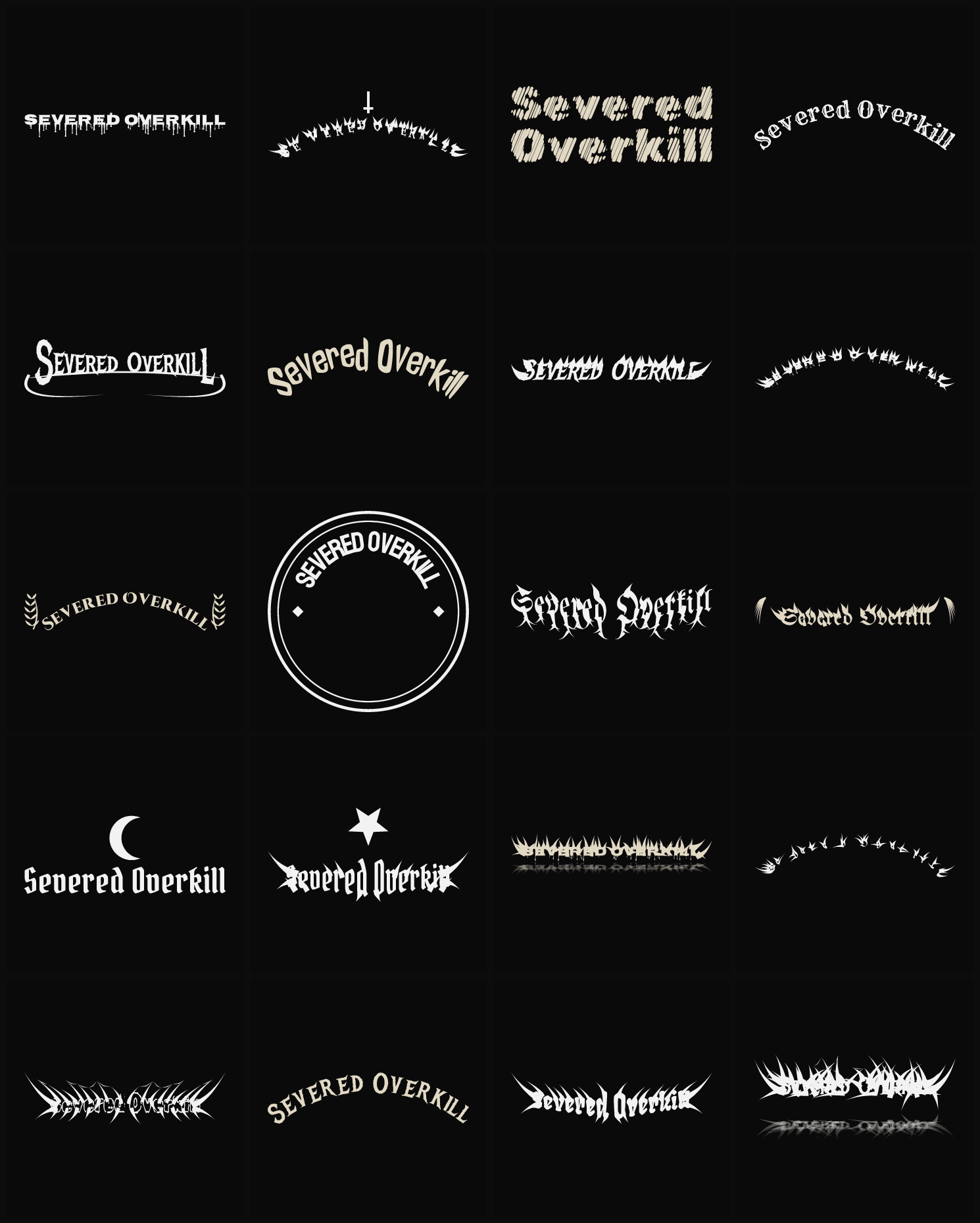 Twenty Severed Overkill band logo ideas — different faces, treatments and spike settings