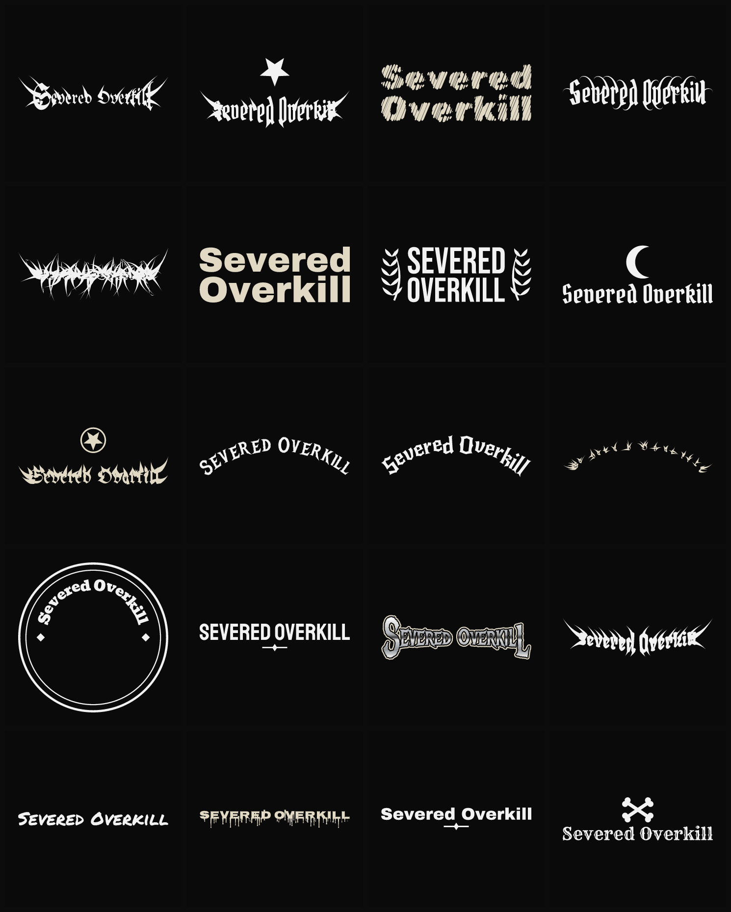 Twenty Severed Overkill band logo ideas — different faces, treatments and spike settings