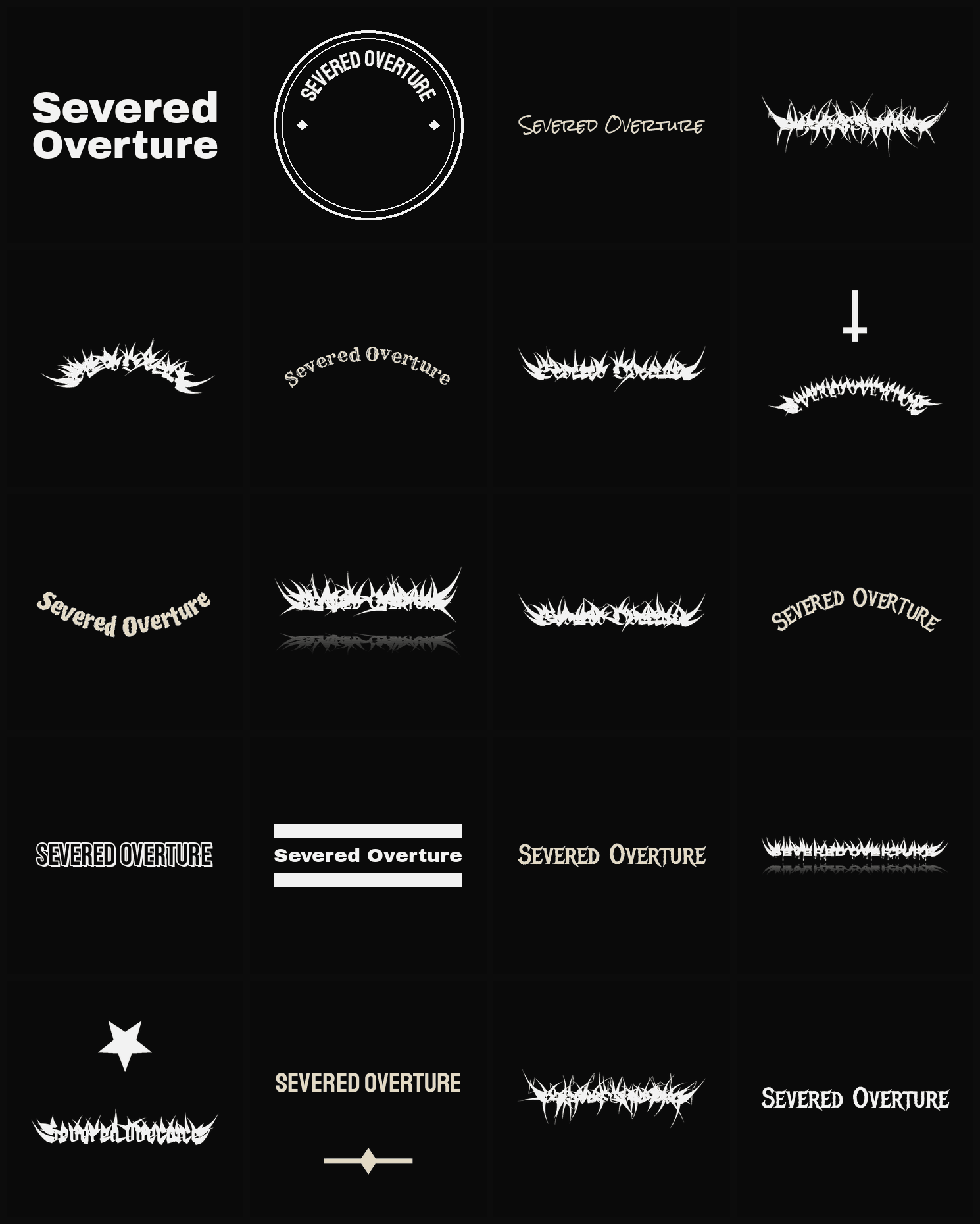 Twenty Severed Overture band logo ideas — different faces, treatments and spike settings
