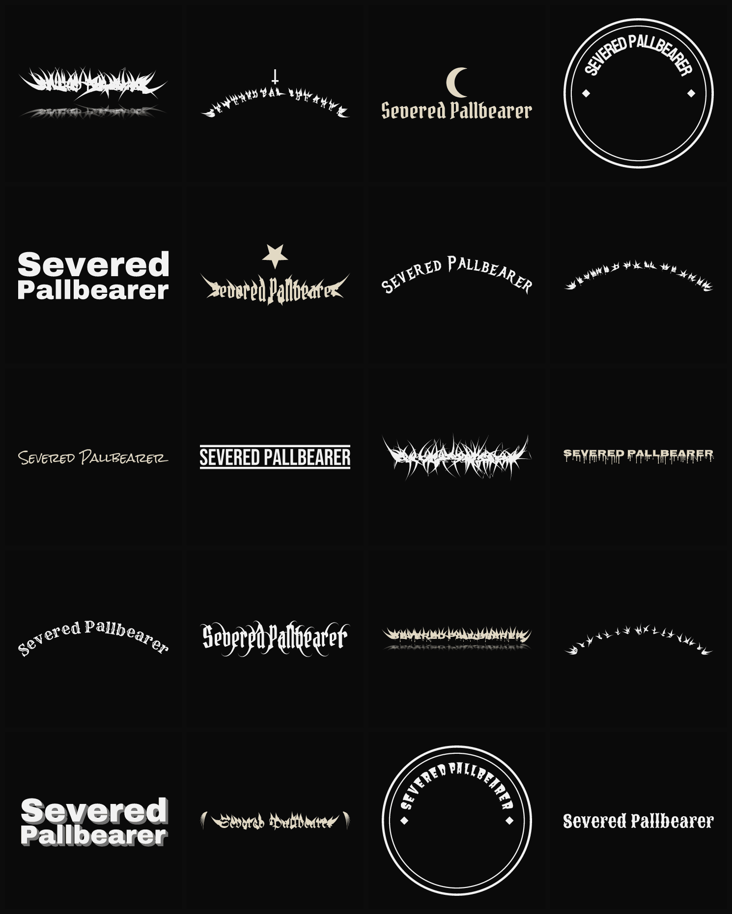 Twenty Severed Pallbearer band logo ideas — different faces, treatments and spike settings