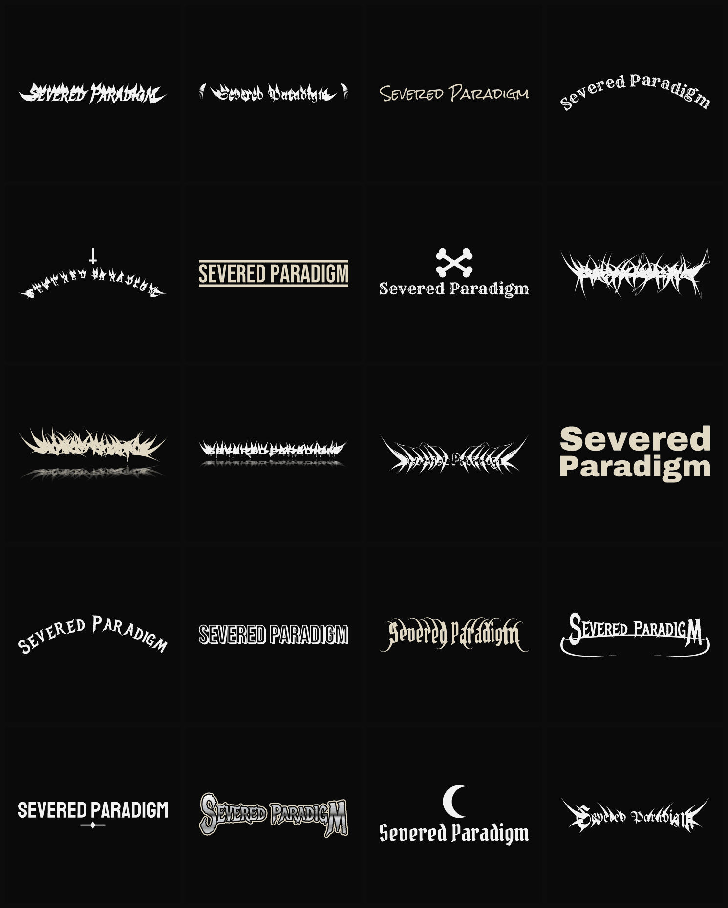 Twenty Severed Paradigm band logo ideas — different faces, treatments and spike settings