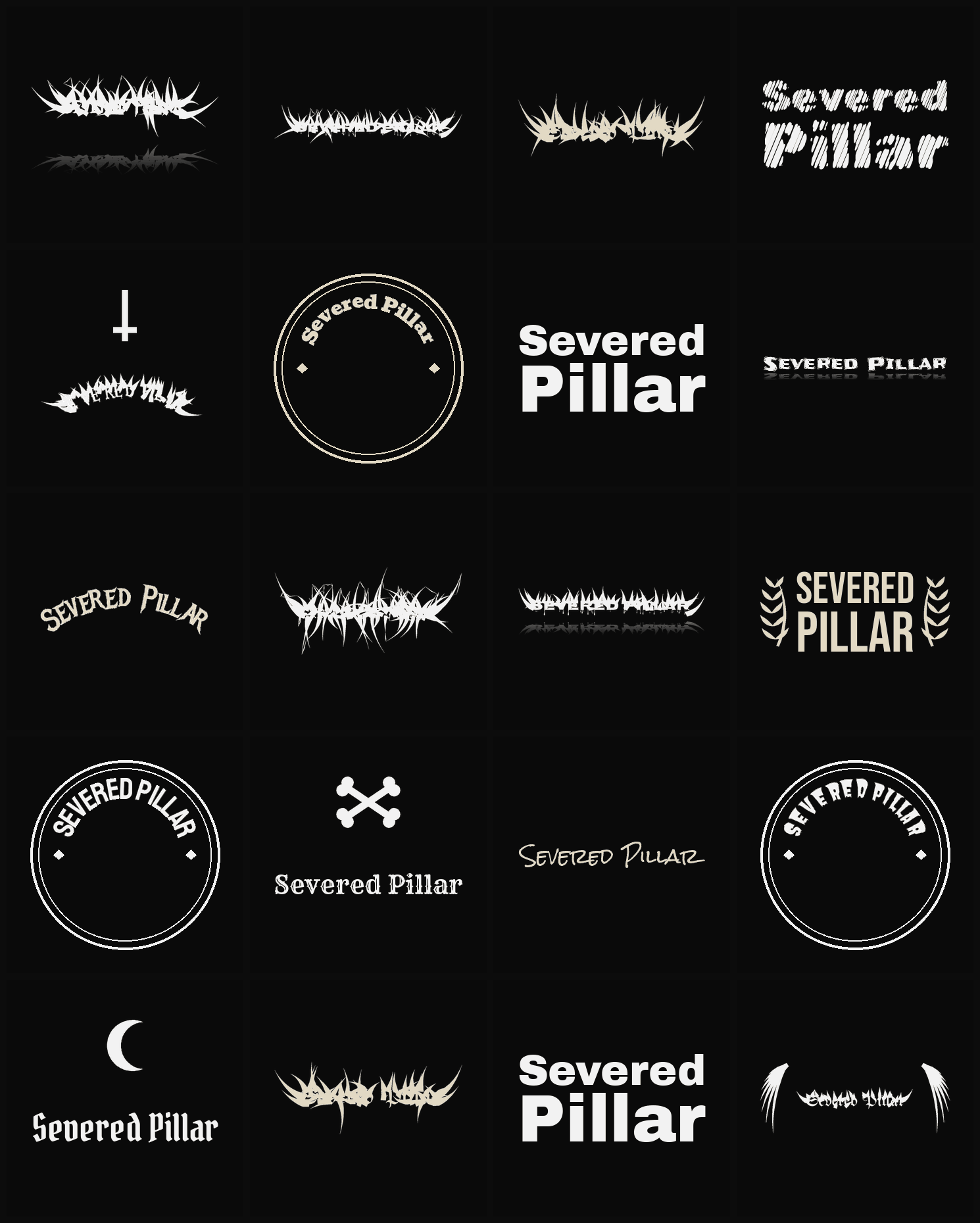 Twenty Severed Pillar band logo ideas — different faces, treatments and spike settings