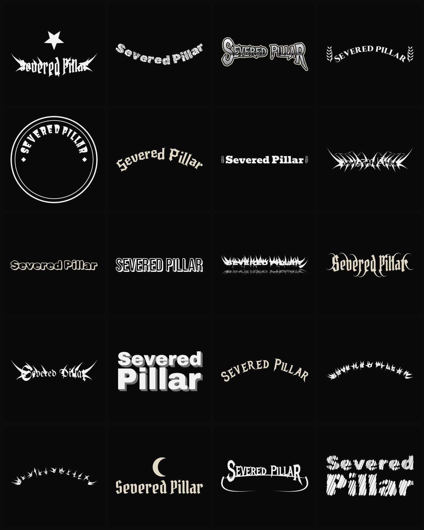 Twenty Severed Pillar band logo ideas — different faces, treatments and spike settings