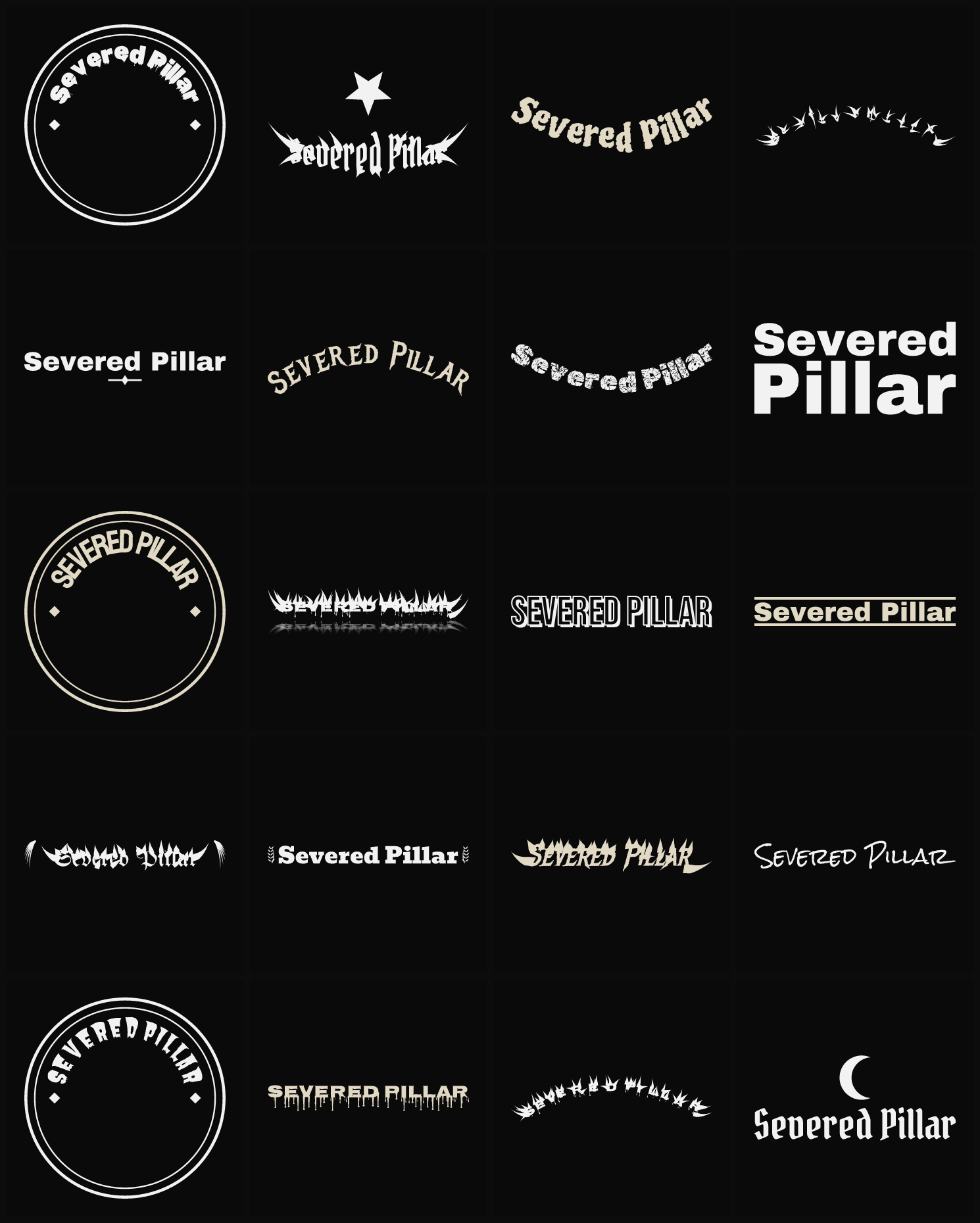 Twenty Severed Pillar band logo ideas — different faces, treatments and spike settings
