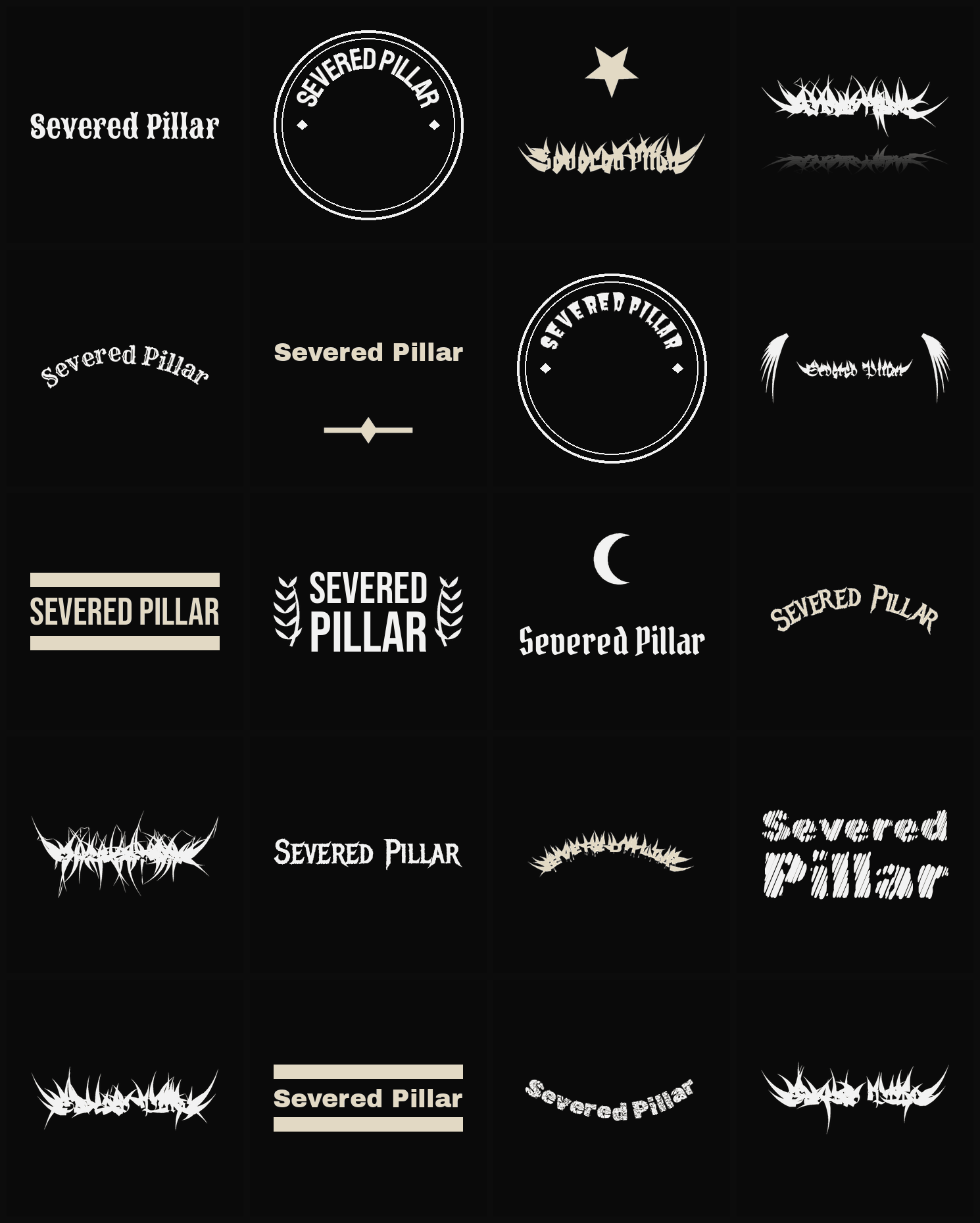 Twenty Severed Pillar band logo ideas — different faces, treatments and spike settings