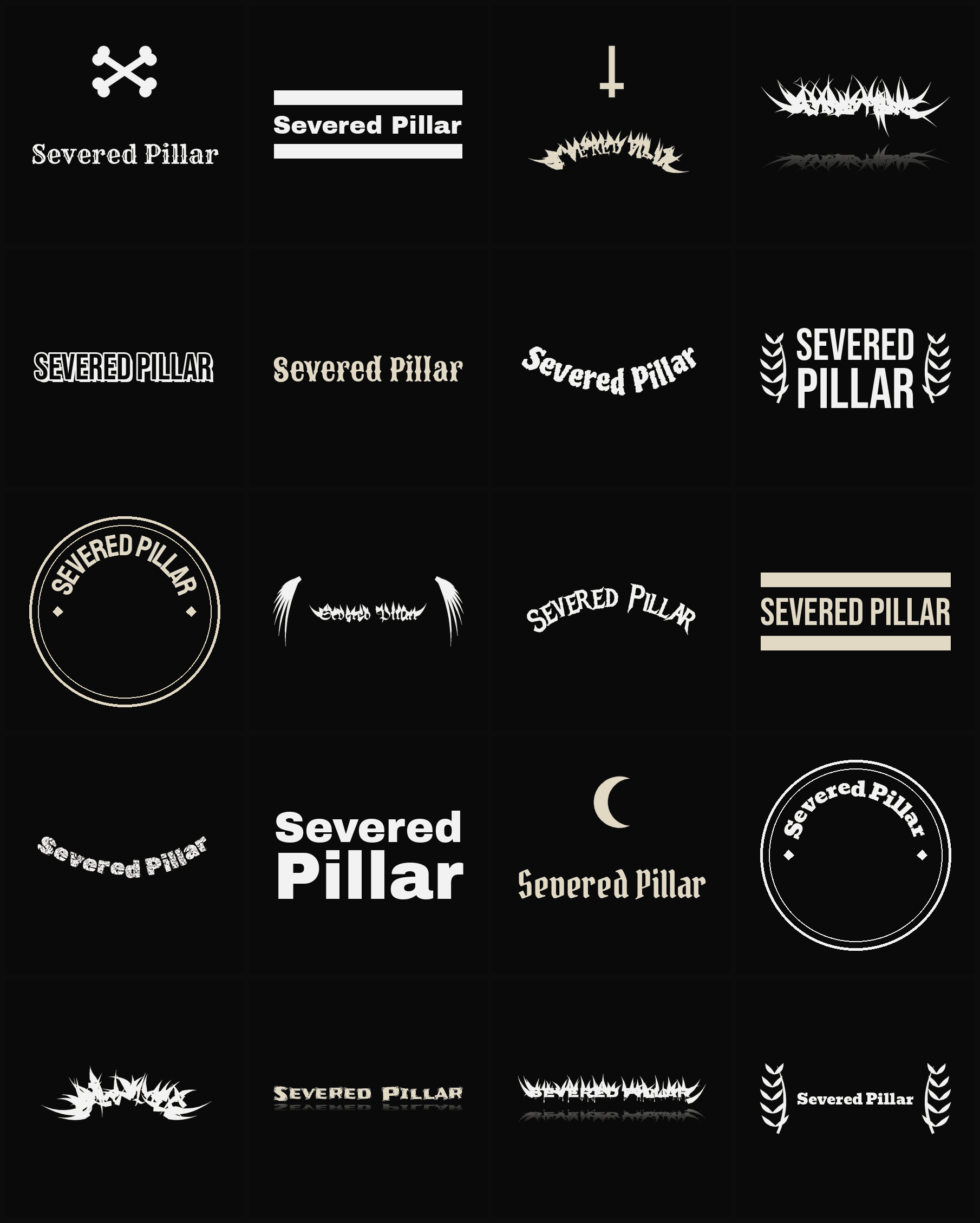 Twenty Severed Pillar band logo ideas — different faces, treatments and spike settings