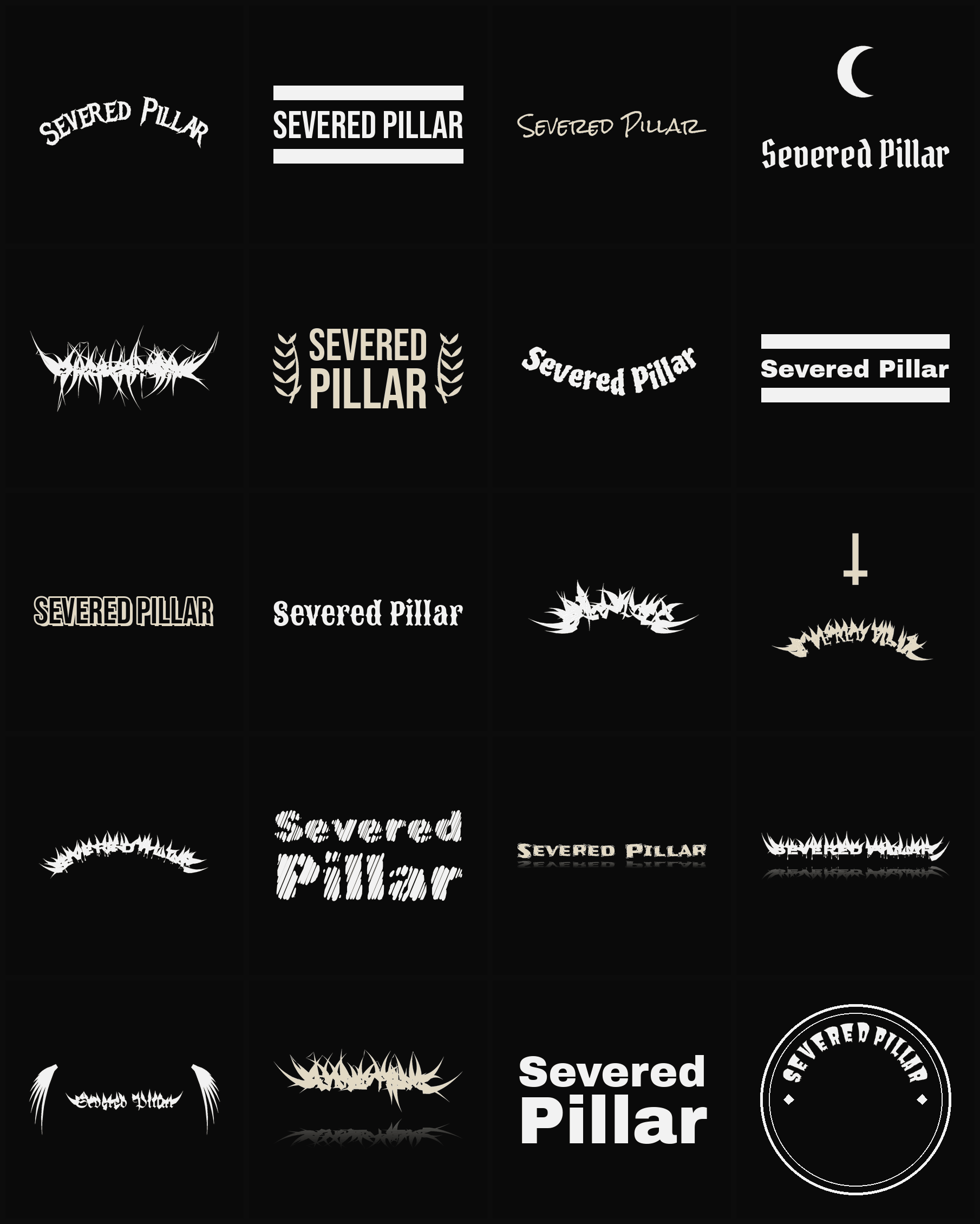 Twenty Severed Pillar band logo ideas — different faces, treatments and spike settings