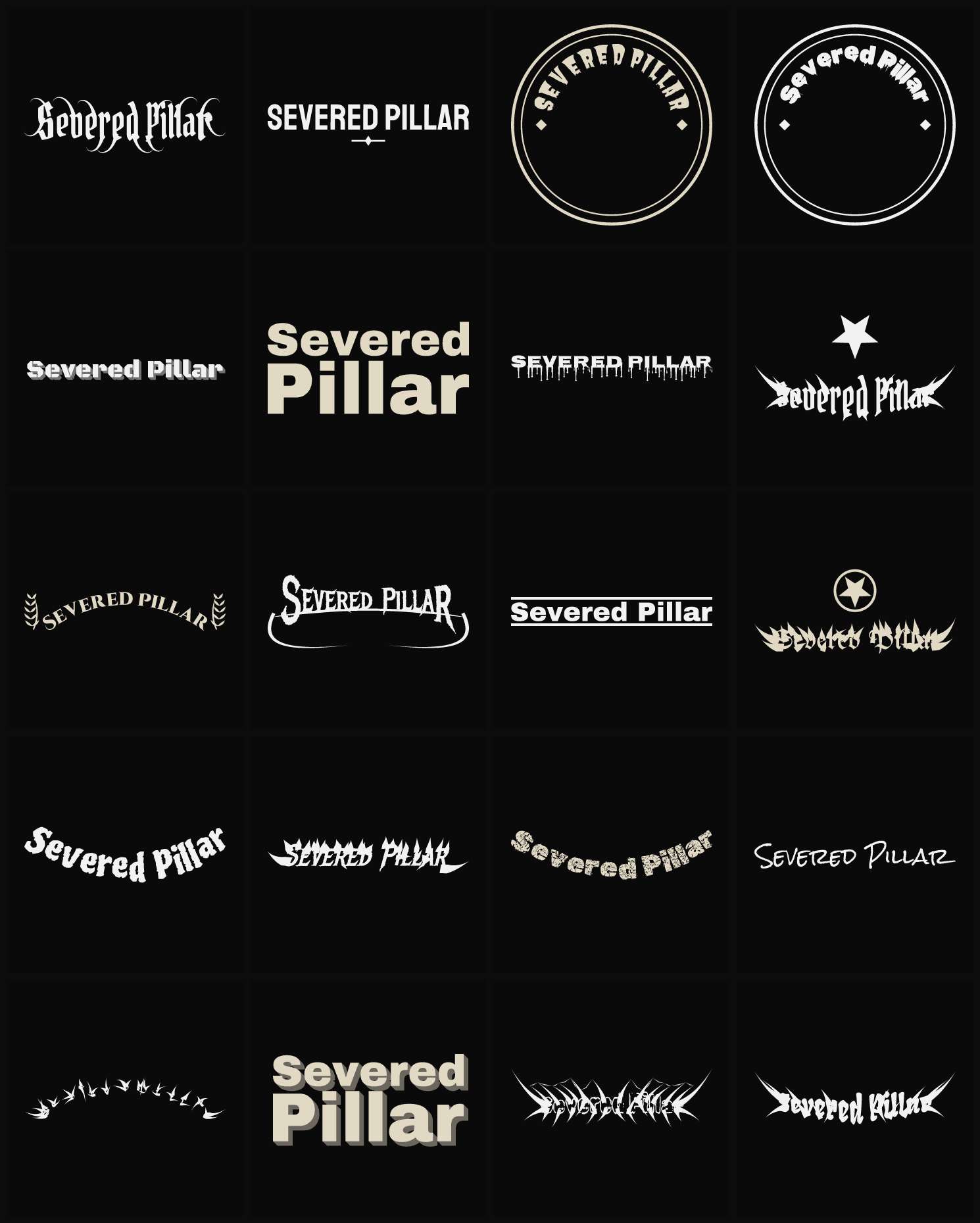 Twenty Severed Pillar band logo ideas — different faces, treatments and spike settings