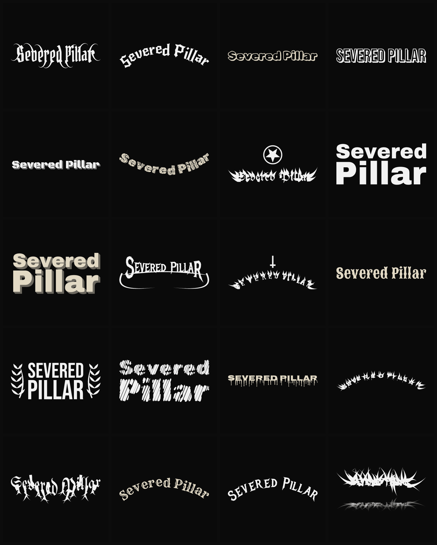 Twenty Severed Pillar band logo ideas — different faces, treatments and spike settings