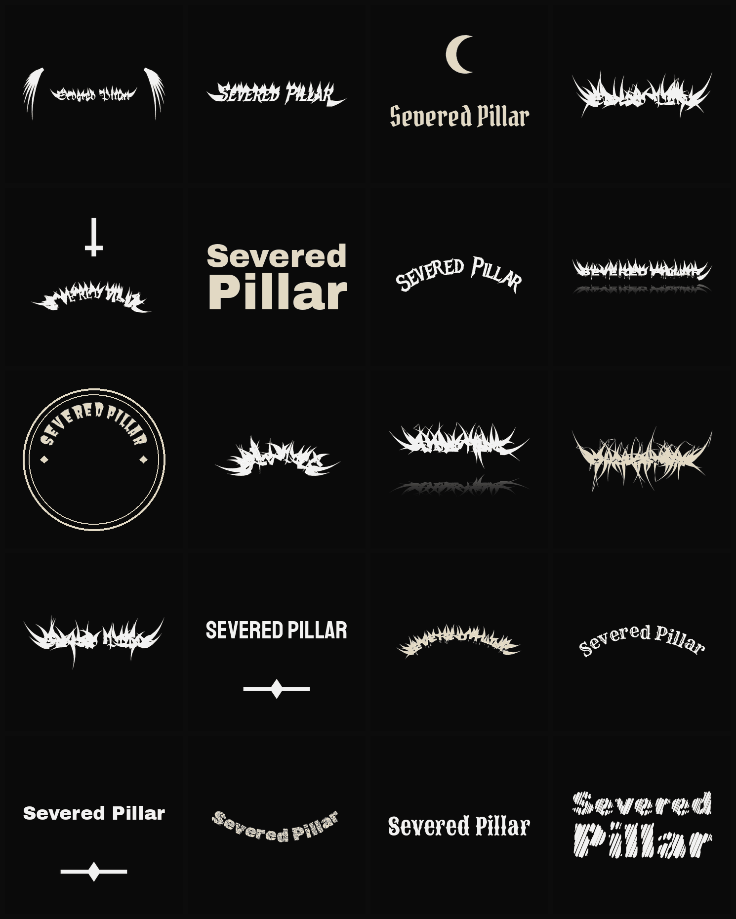 Twenty Severed Pillar band logo ideas — different faces, treatments and spike settings