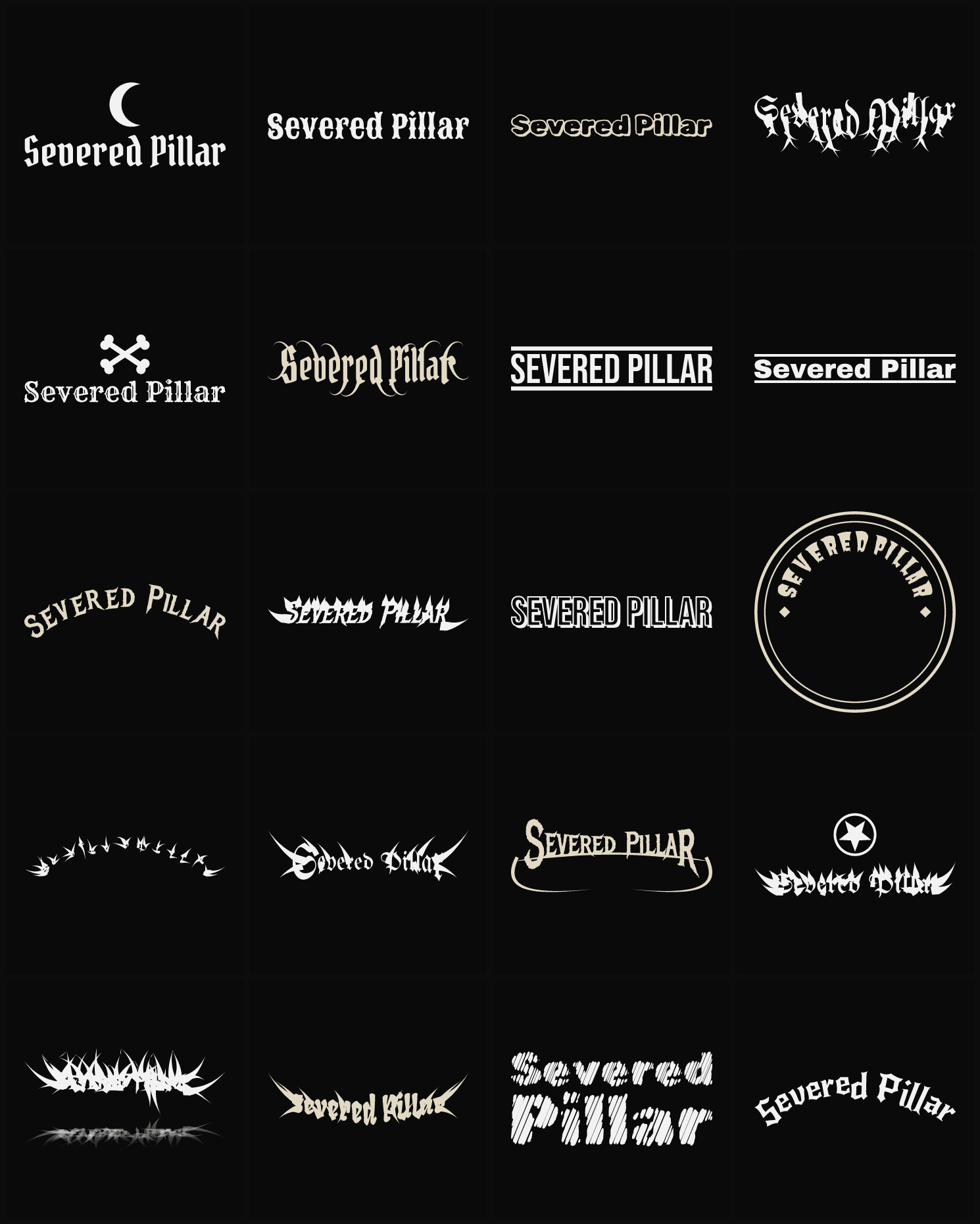 Twenty Severed Pillar band logo ideas — different faces, treatments and spike settings