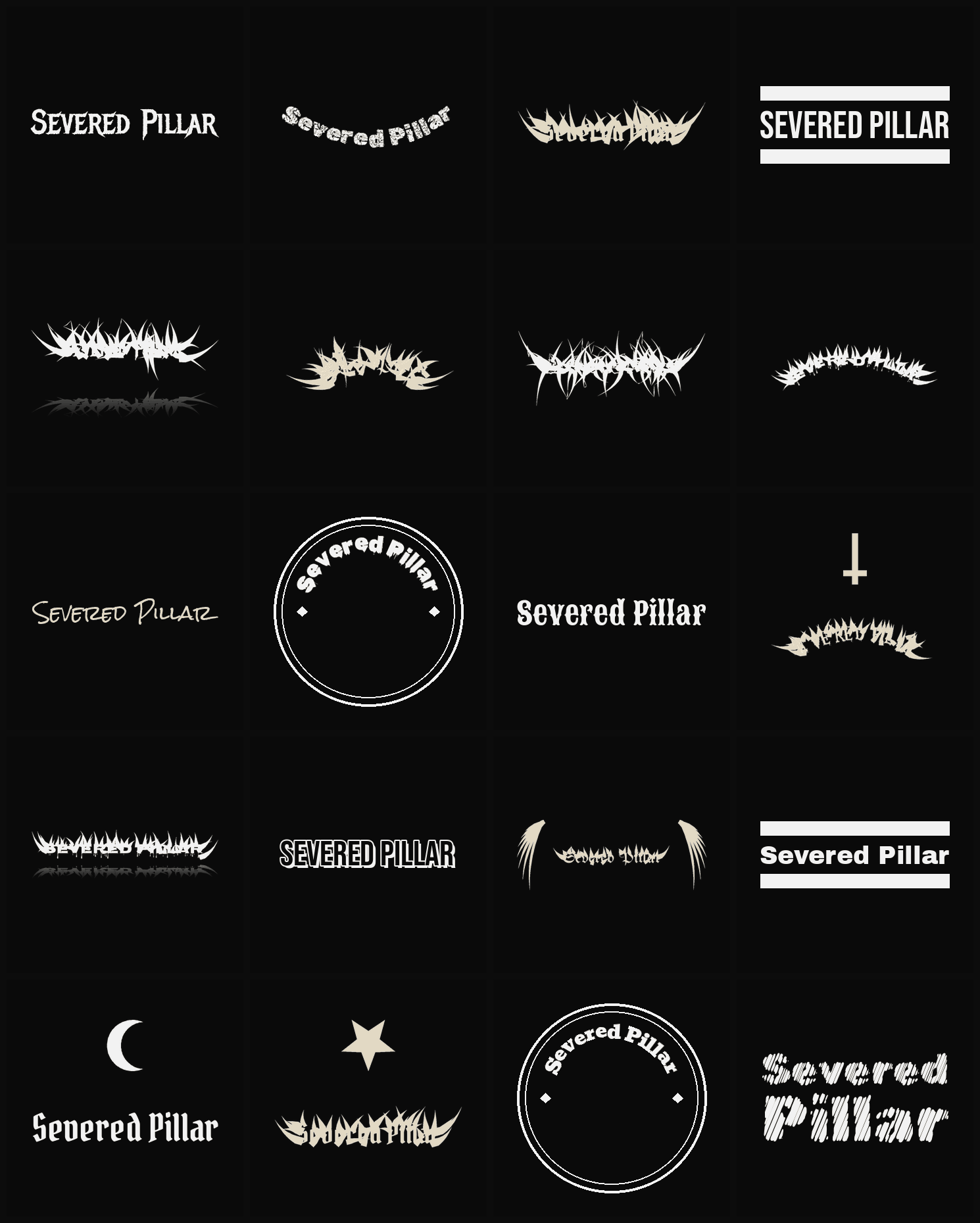 Twenty Severed Pillar band logo ideas — different faces, treatments and spike settings