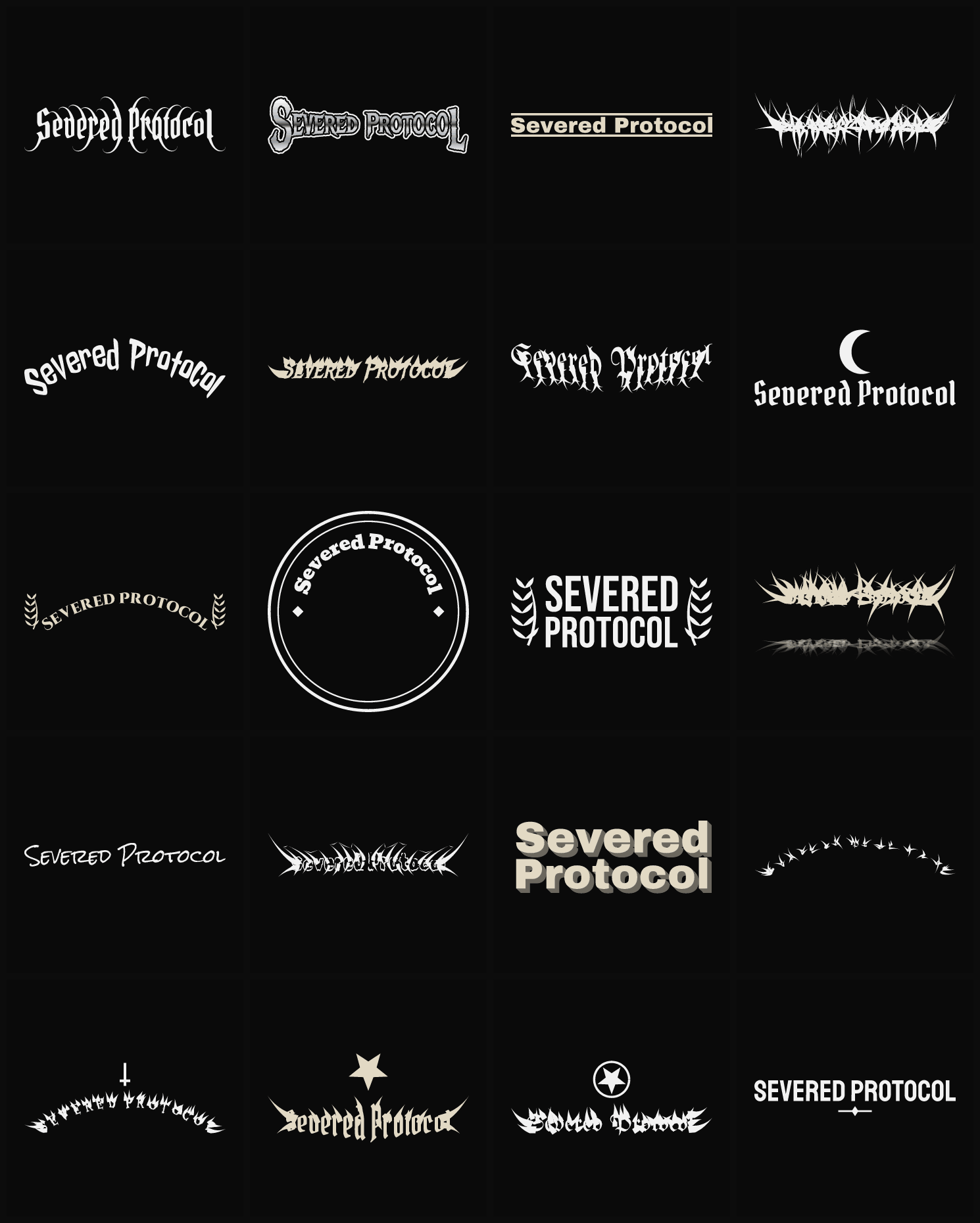 Twenty Severed Protocol band logo ideas — different faces, treatments and spike settings