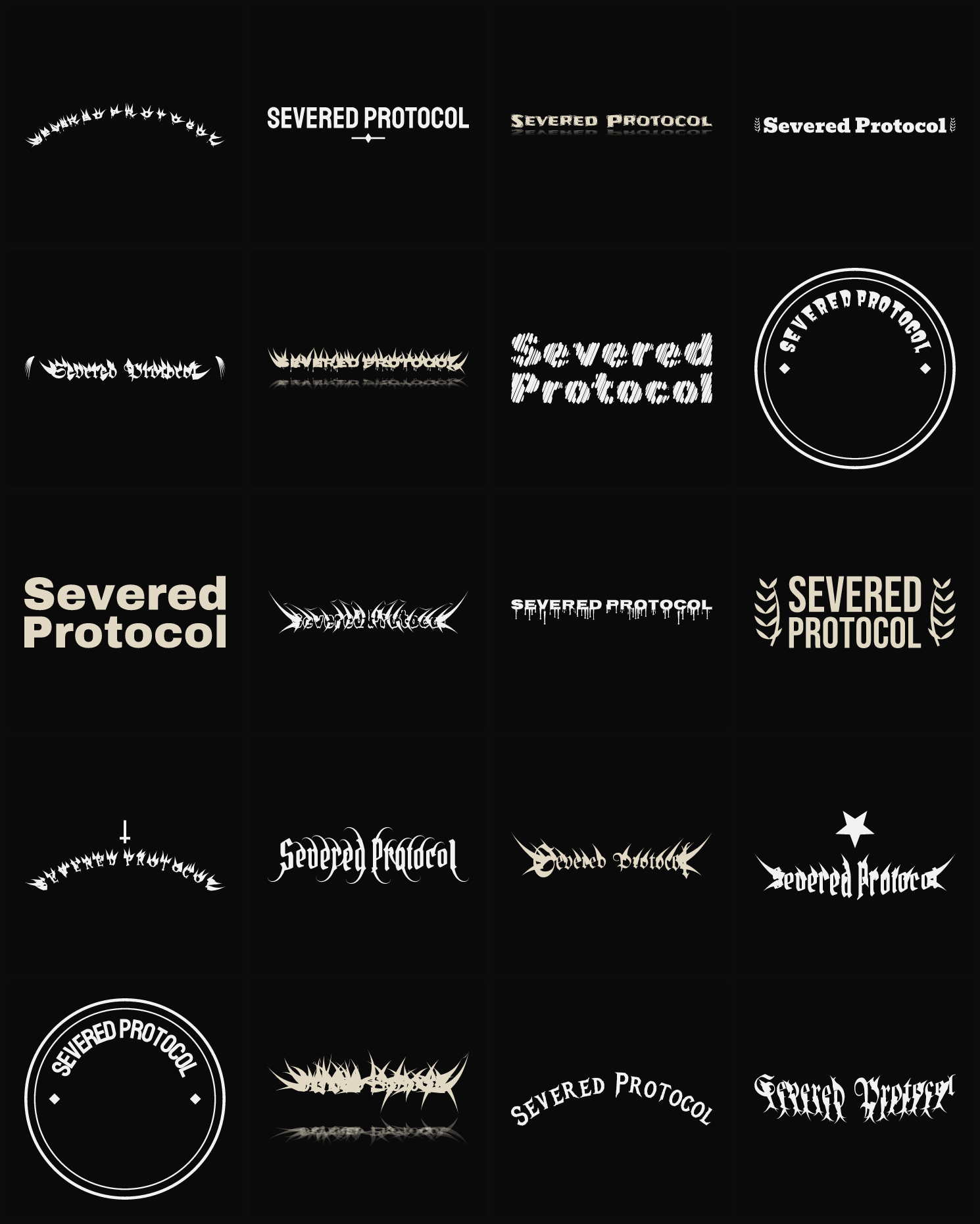 Twenty Severed Protocol band logo ideas — different faces, treatments and spike settings