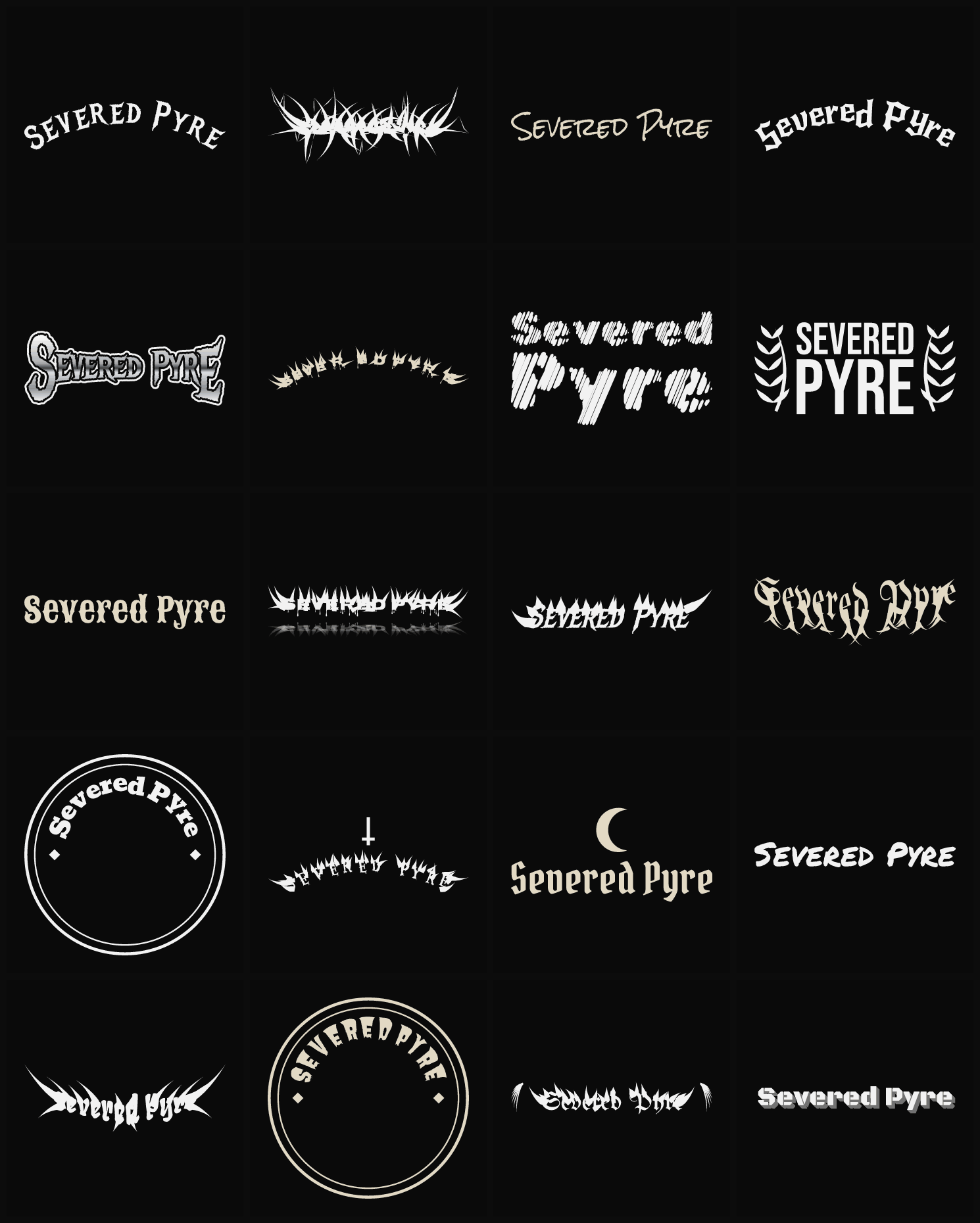 Twenty Severed Pyre band logo ideas — different faces, treatments and spike settings