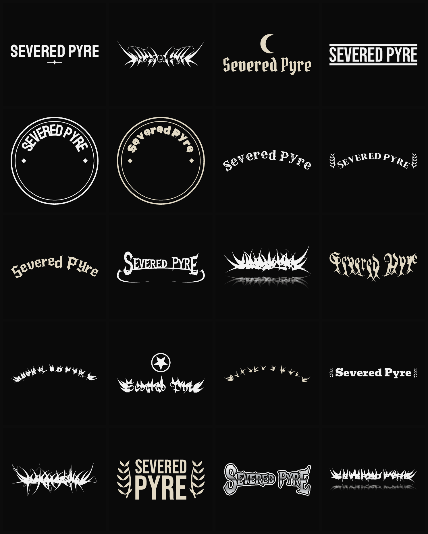 Twenty Severed Pyre band logo ideas — different faces, treatments and spike settings