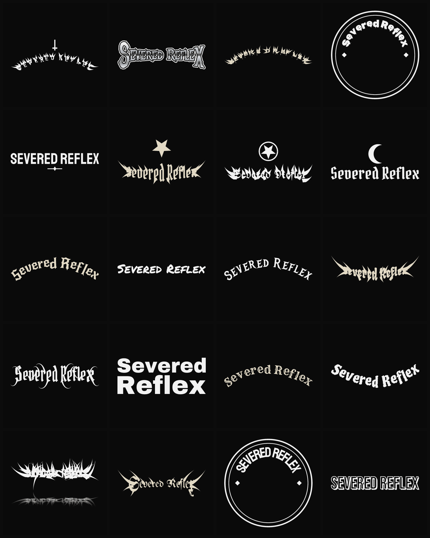 Twenty Severed Reflex band logo ideas — different faces, treatments and spike settings