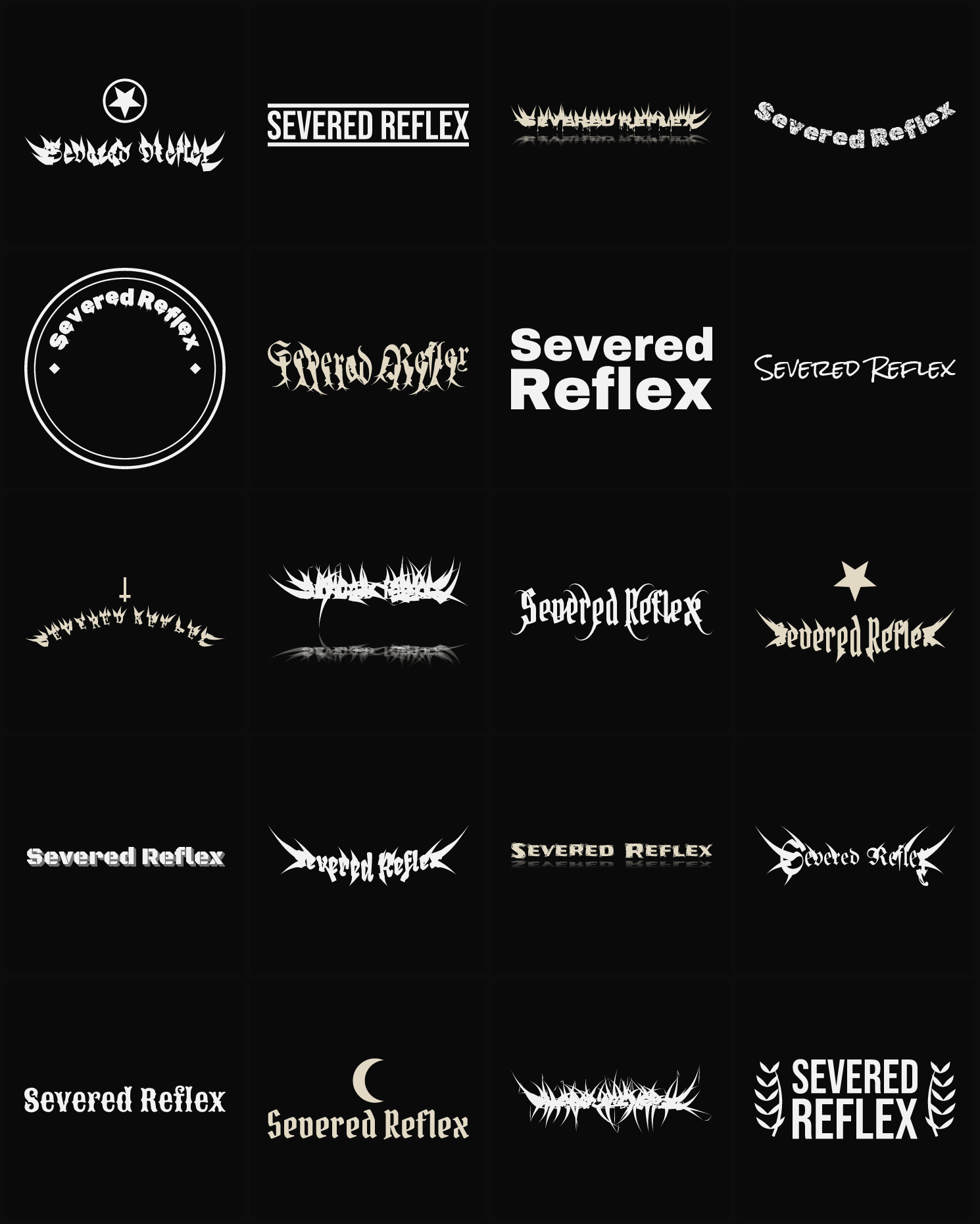 Twenty Severed Reflex band logo ideas — different faces, treatments and spike settings