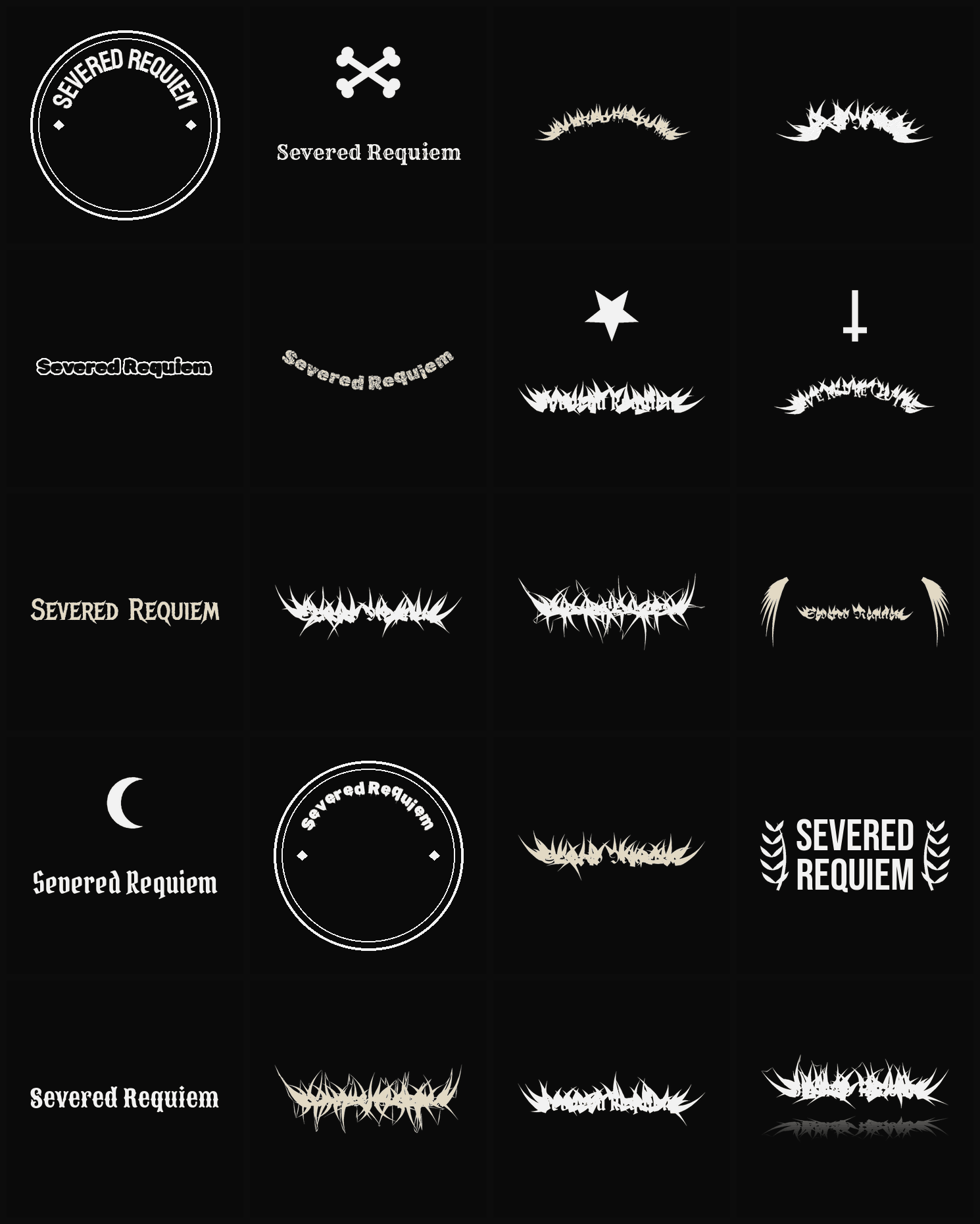 Twenty Severed Requiem band logo ideas — different faces, treatments and spike settings