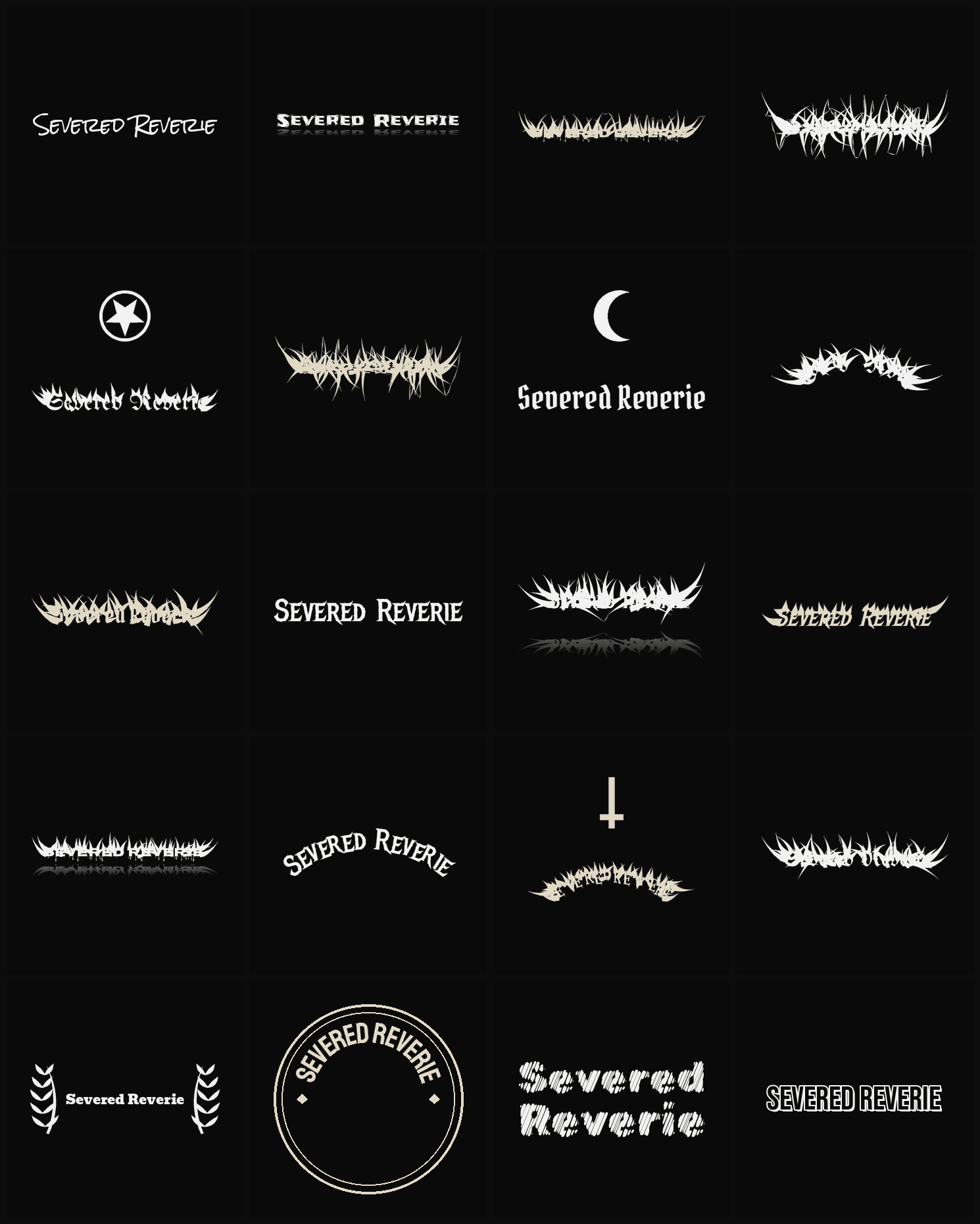 Twenty Severed Reverie band logo ideas — different faces, treatments and spike settings
