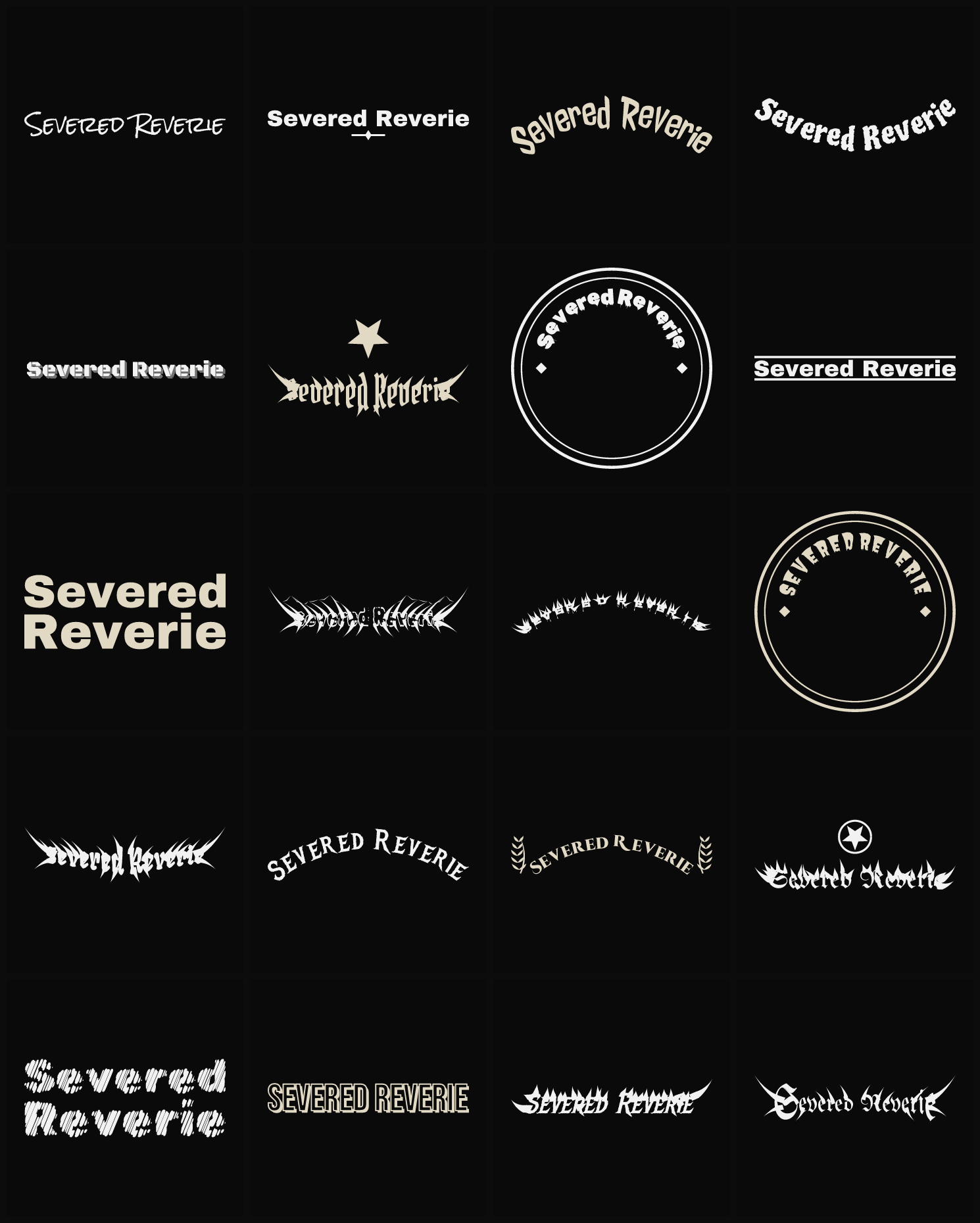 Twenty Severed Reverie band logo ideas — different faces, treatments and spike settings