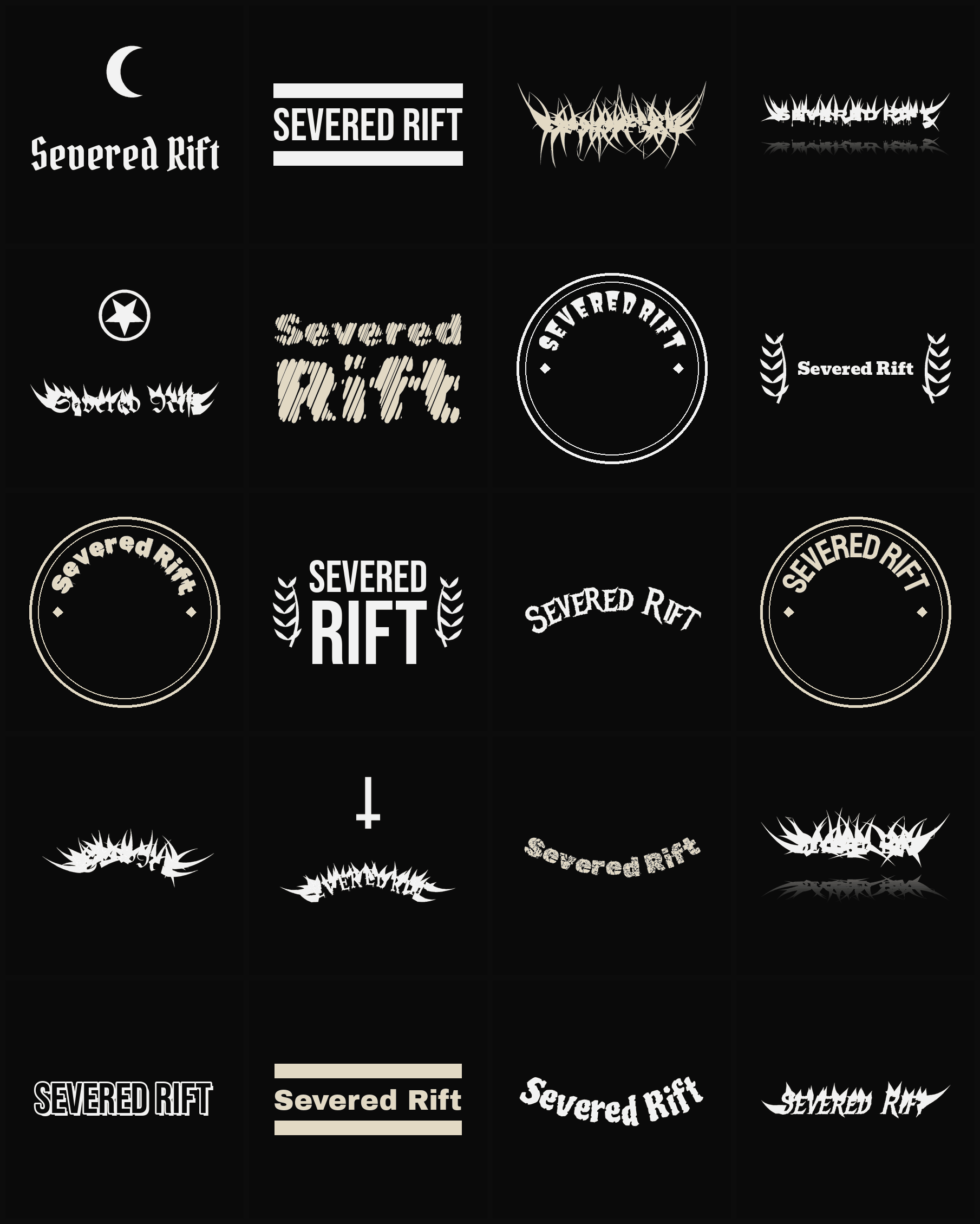 Twenty Severed Rift band logo ideas — different faces, treatments and spike settings
