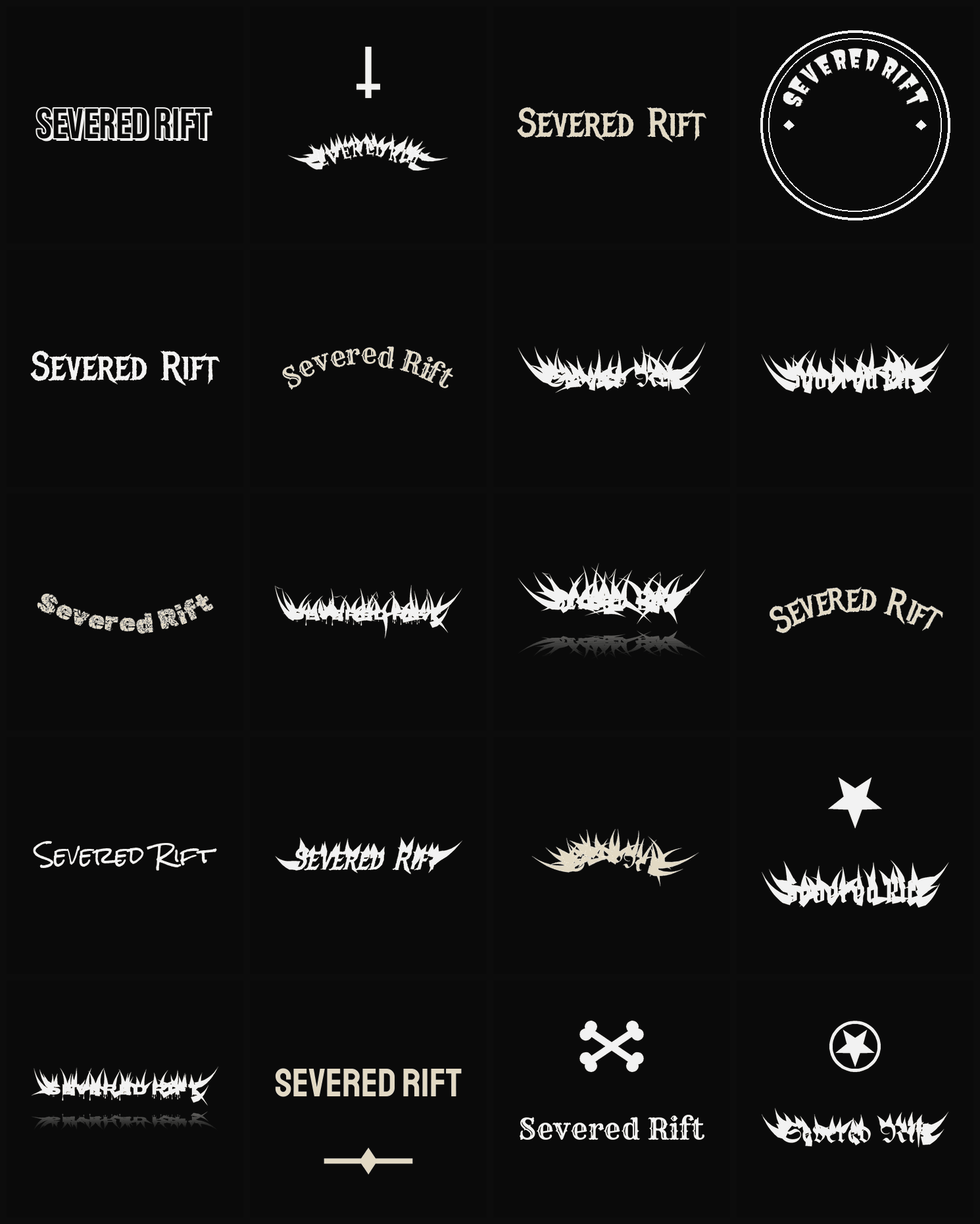 Twenty Severed Rift band logo ideas — different faces, treatments and spike settings