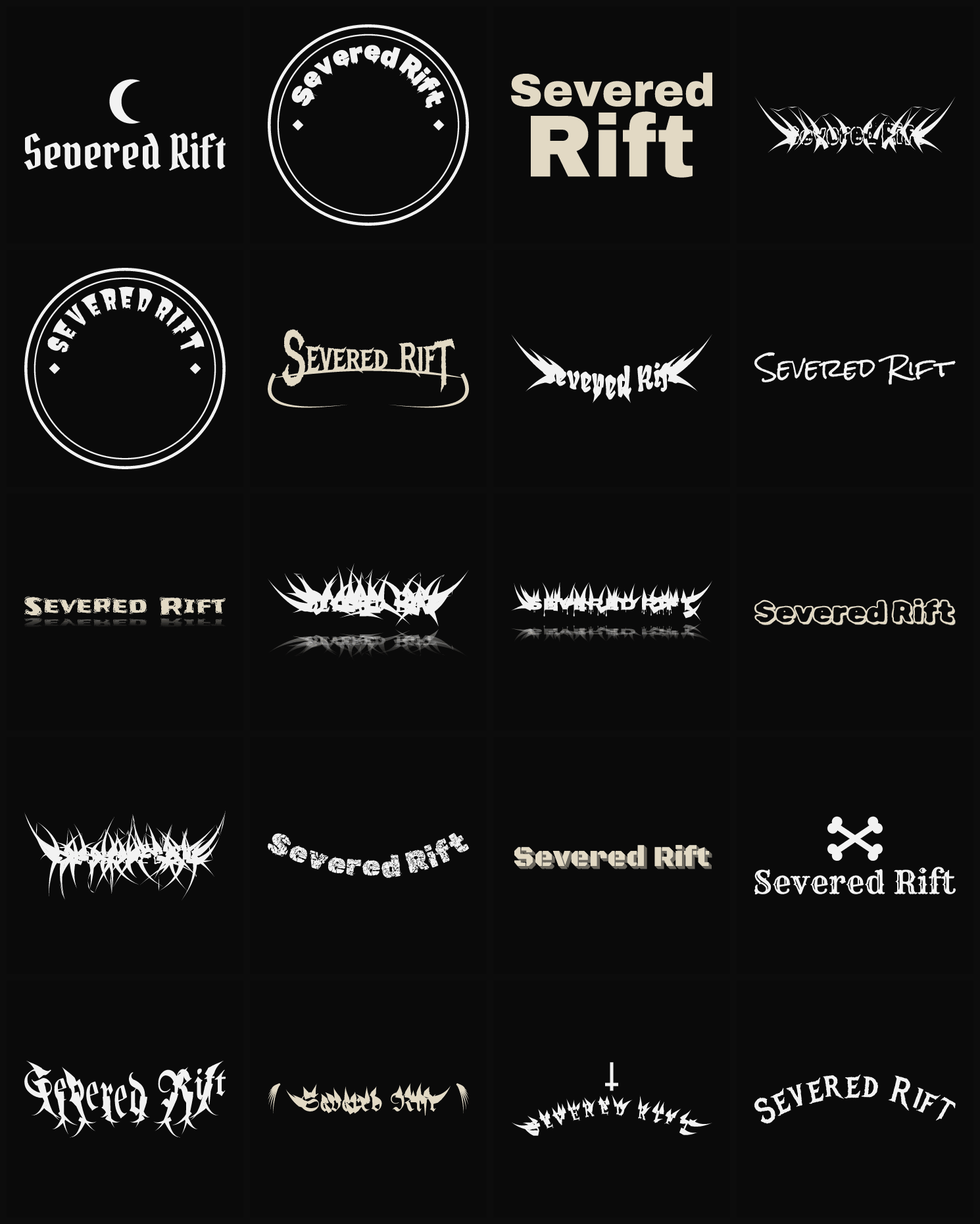 Twenty Severed Rift band logo ideas — different faces, treatments and spike settings