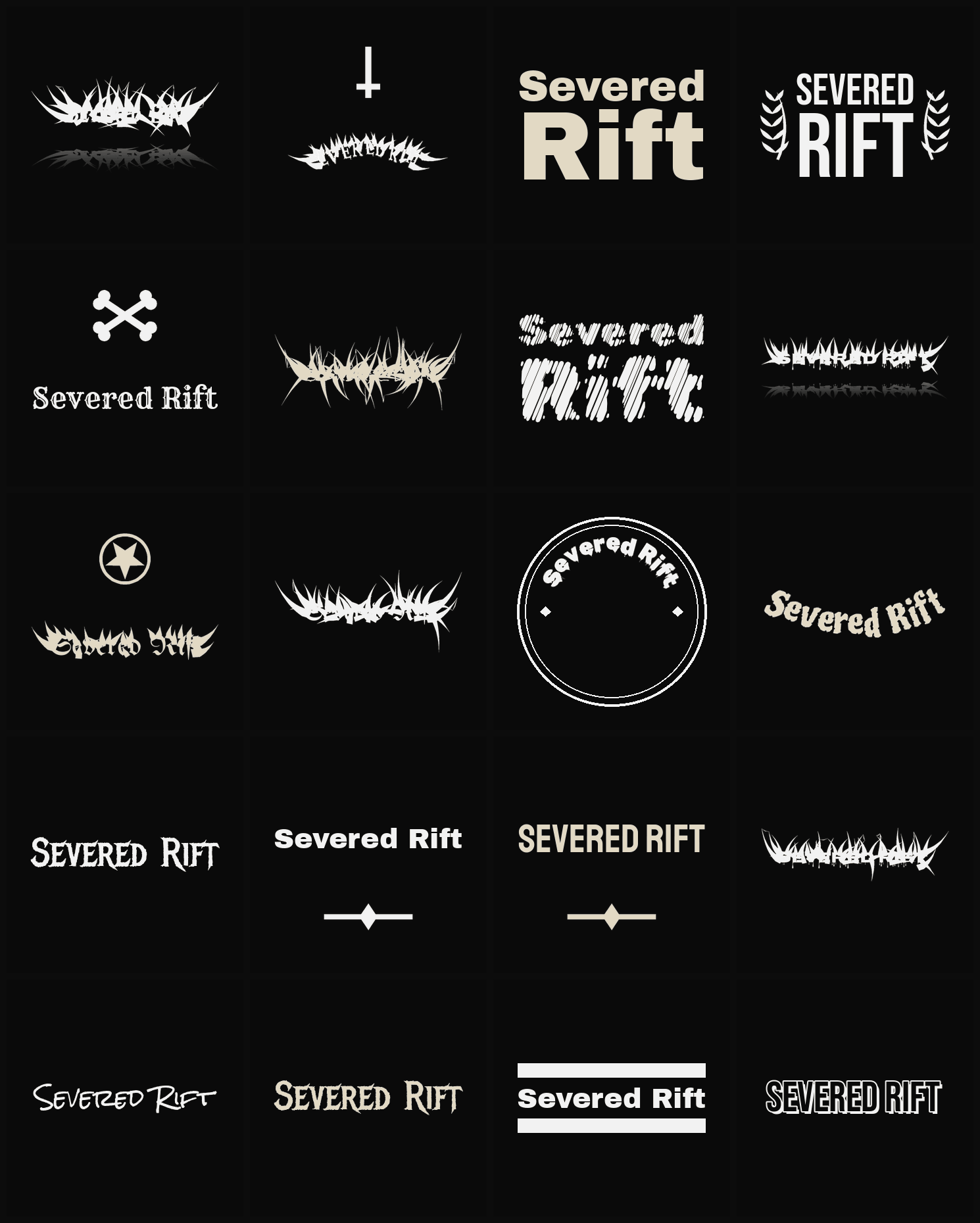 Twenty Severed Rift band logo ideas — different faces, treatments and spike settings