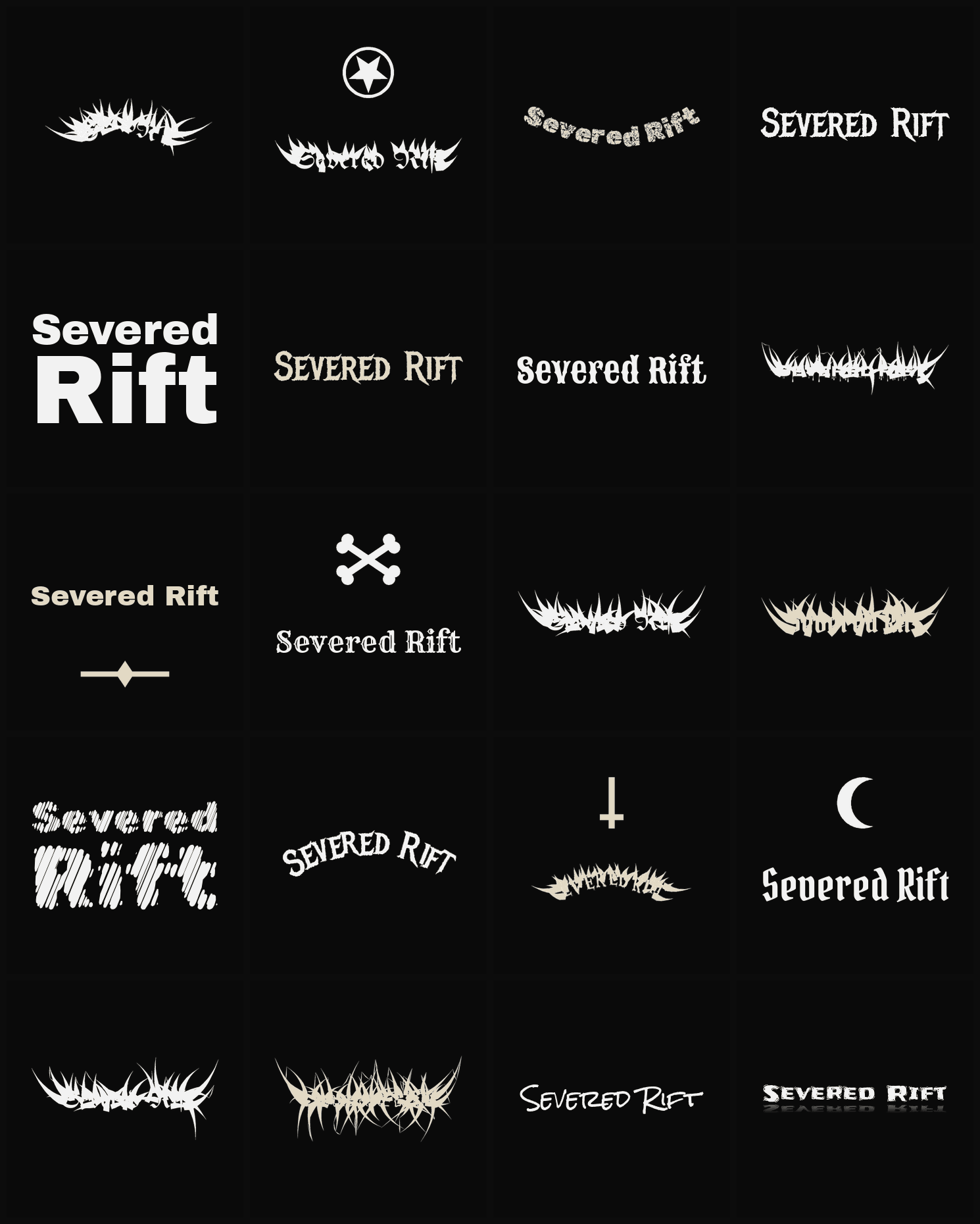 Twenty Severed Rift band logo ideas — different faces, treatments and spike settings
