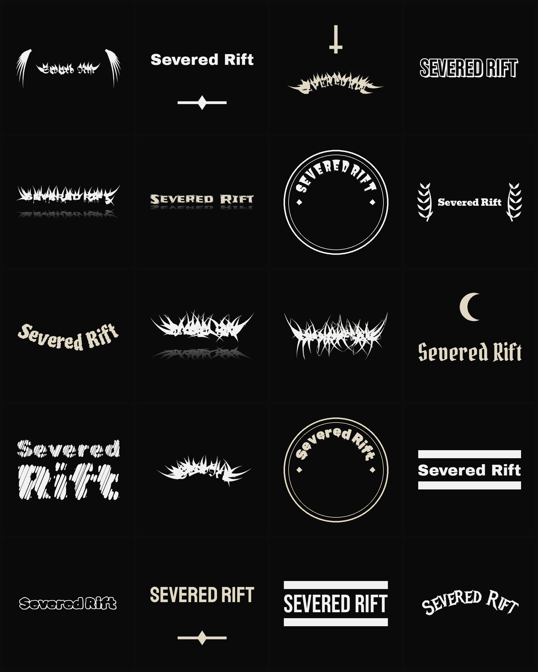Twenty Severed Rift band logo ideas — different faces, treatments and spike settings
