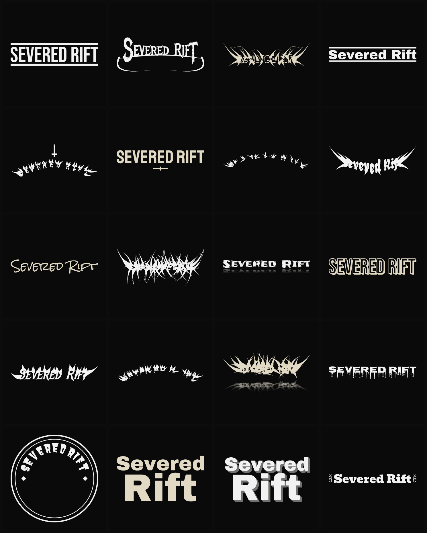 Twenty Severed Rift band logo ideas — different faces, treatments and spike settings