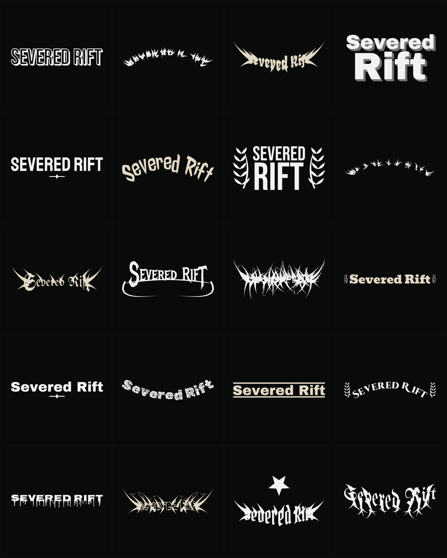 Twenty Severed Rift band logo ideas — different faces, treatments and spike settings