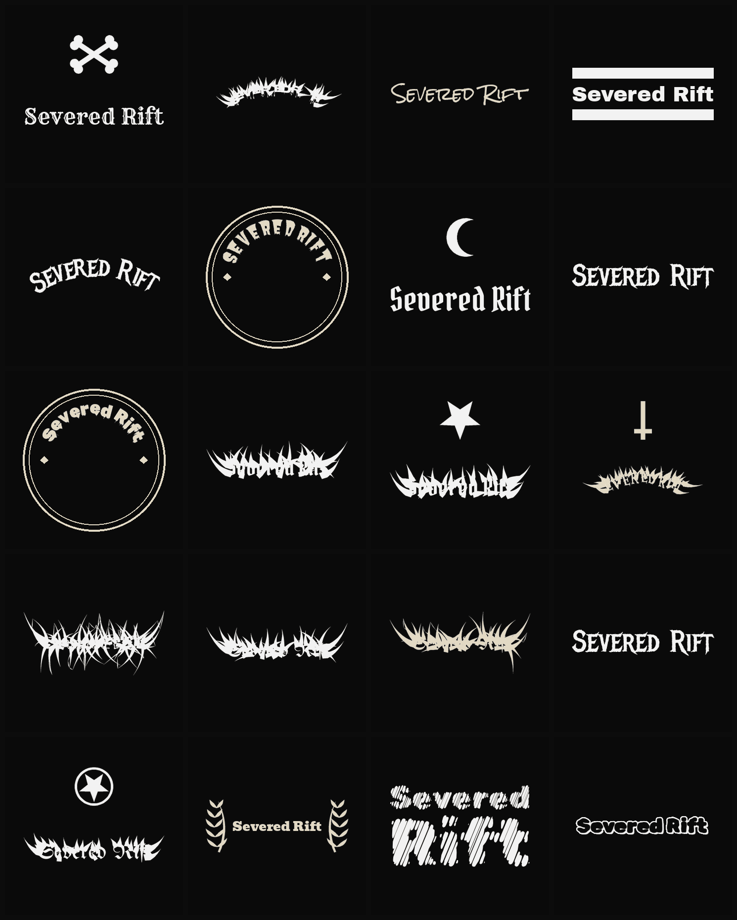Twenty Severed Rift band logo ideas — different faces, treatments and spike settings