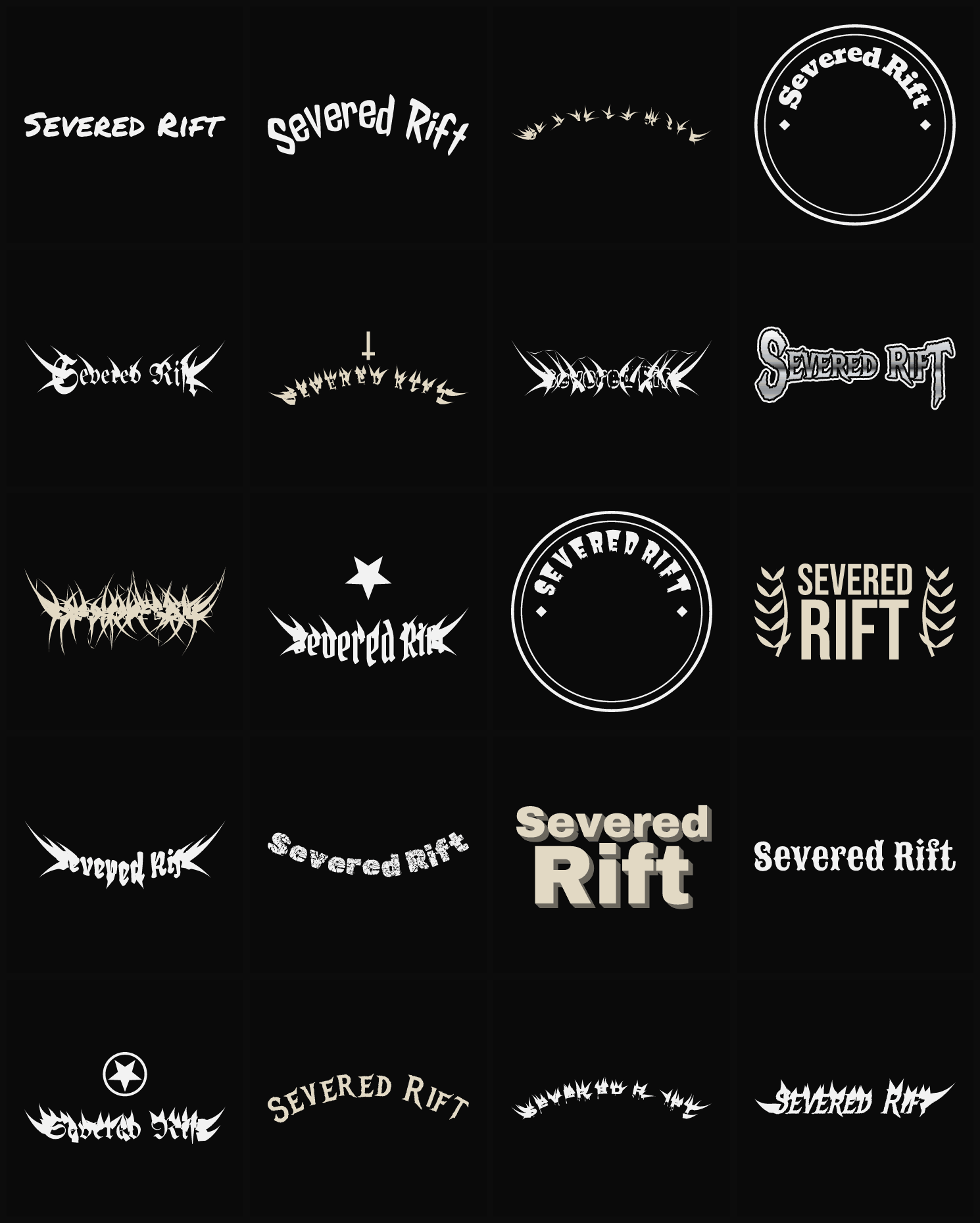 Twenty Severed Rift band logo ideas — different faces, treatments and spike settings