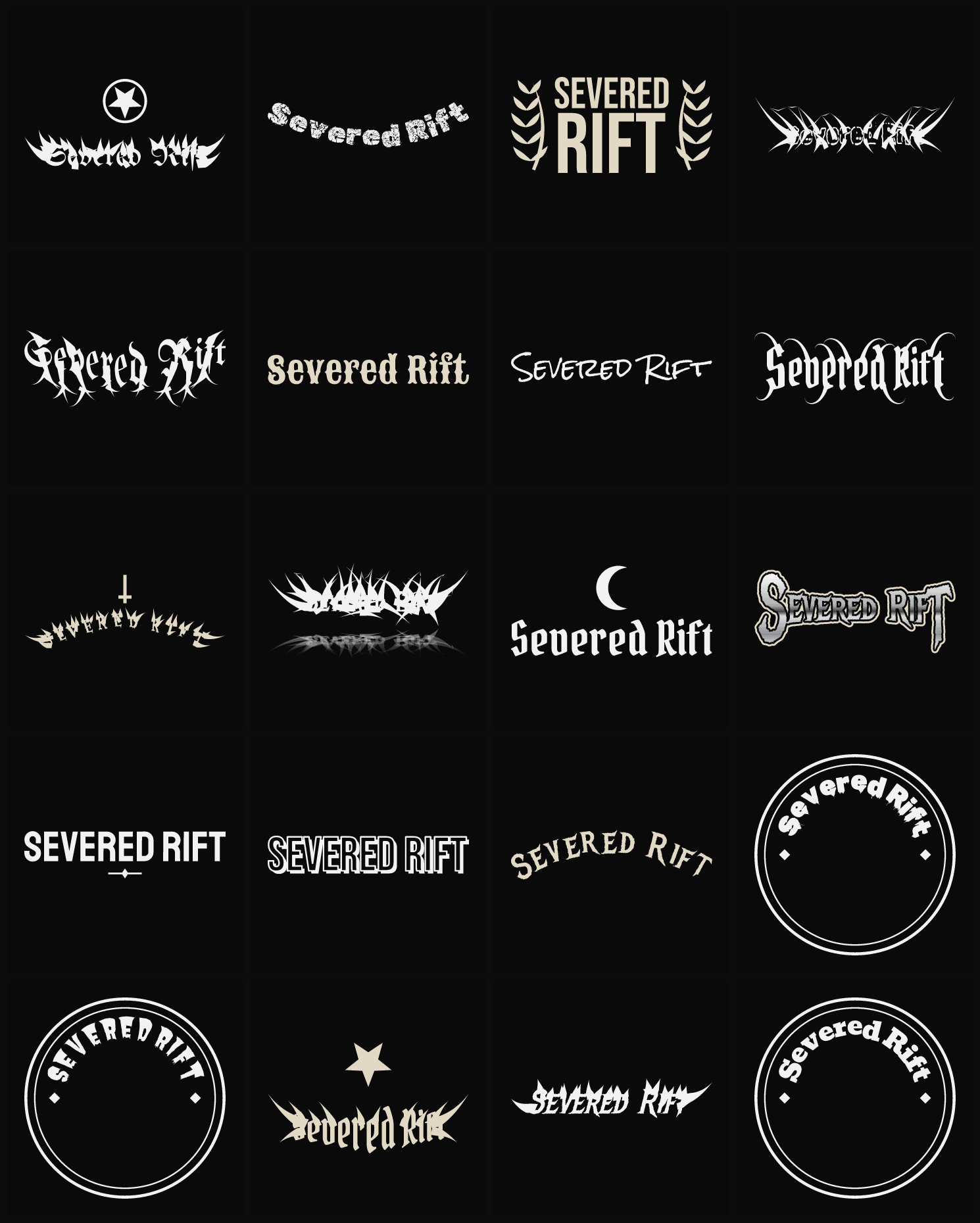 Twenty Severed Rift band logo ideas — different faces, treatments and spike settings